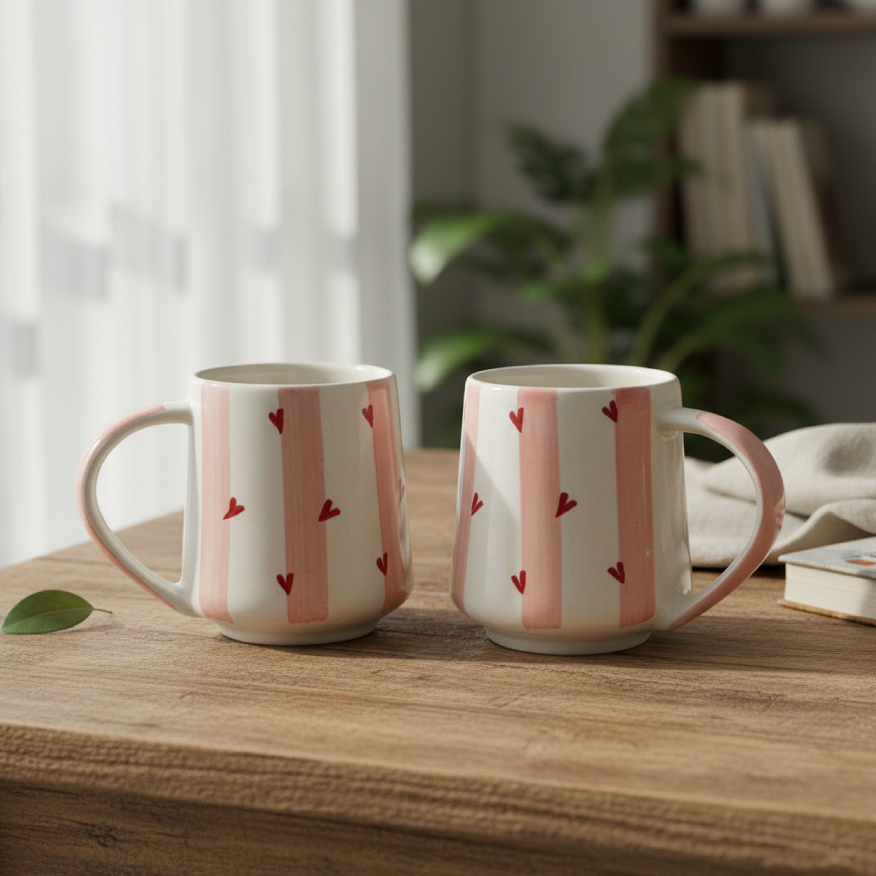 UK Handicraft Ceramic Mug Set of 2 – 350ml Red Hearts and Vertical Design Handcrafted Cups | Premium Coffee and Tea Mugs for Home, Office & Kitchen Décor