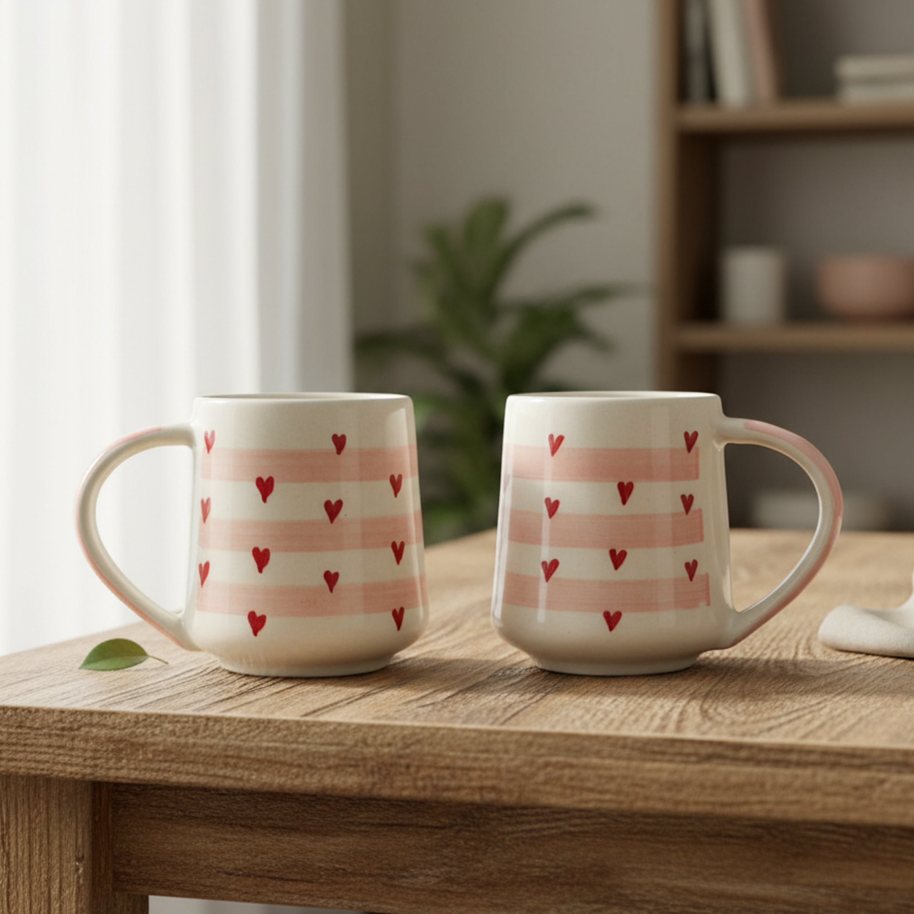 UK Handicraft Ceramic Mug Set of 2 – 350ml Red Hearts and Horizontal Design Handcrafted Cups | Premium Coffee and Tea Mugs for Home, Office & Kitchen Décor