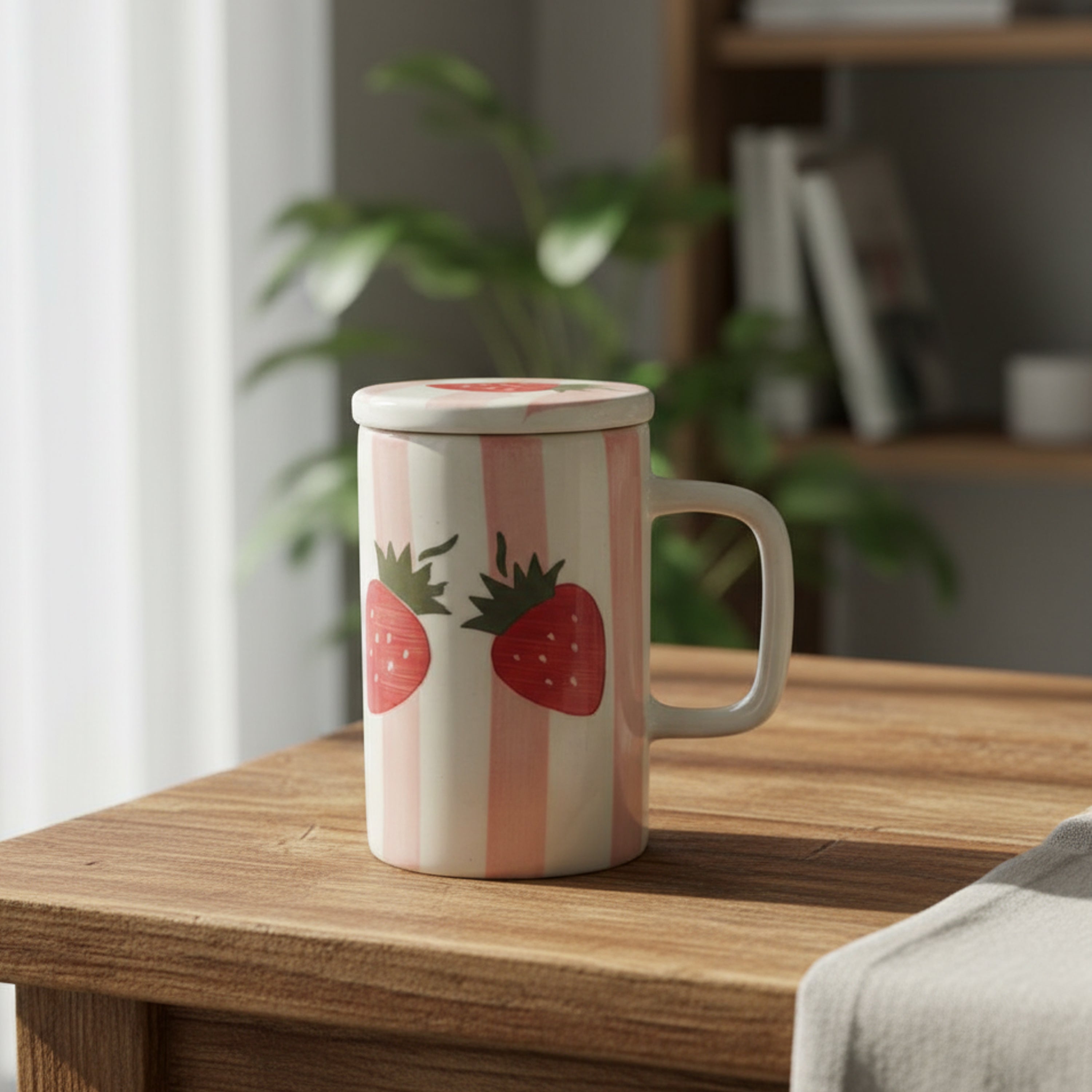 FlueArt Pottery Ceramic Mugs with Lid Set of 2, 350ml Strawberry Design Red, Pink and White Coffee and Tea Cups | Premium Handcrafted Covered Mugs for Modern Kitchen and Dining
