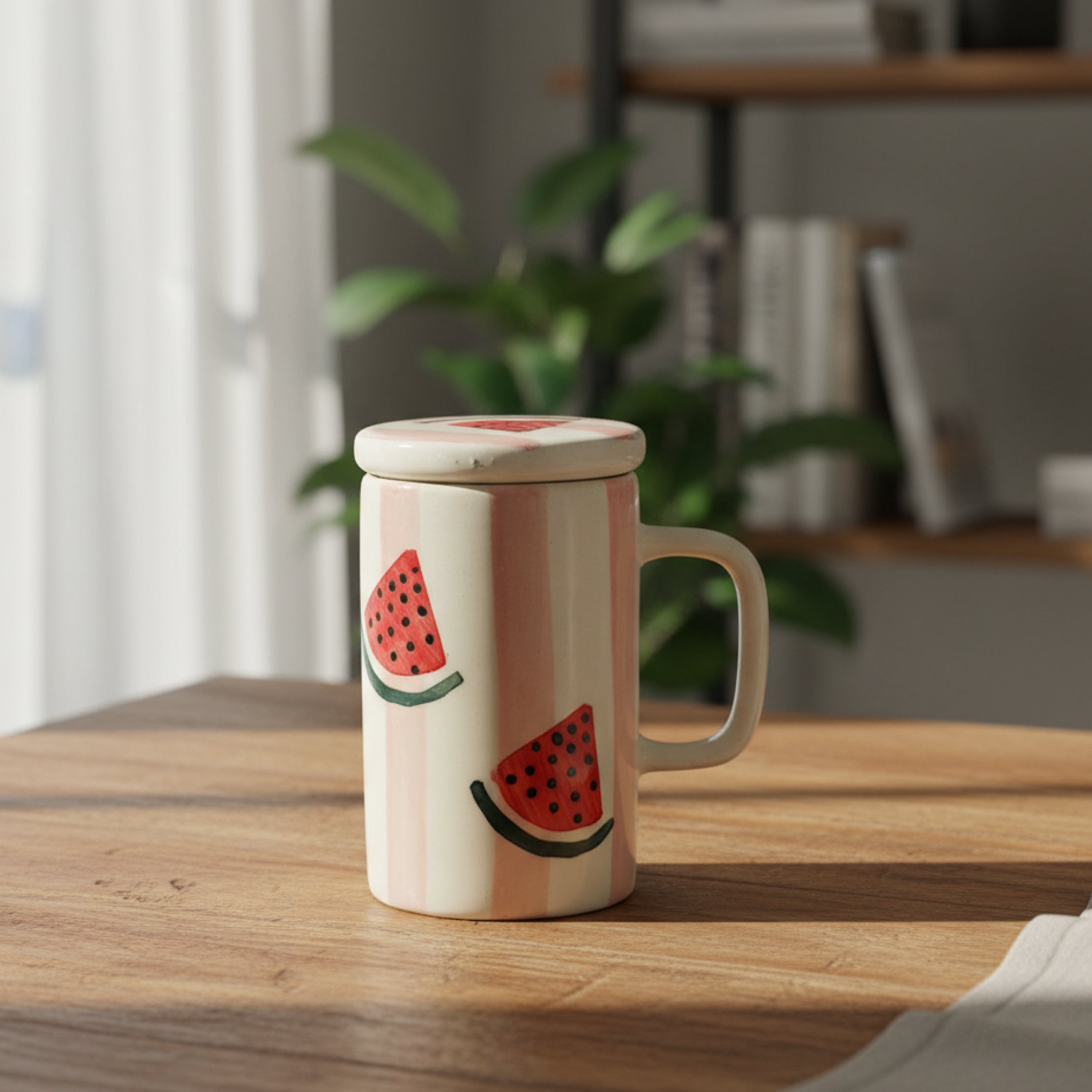 FlueArt Pottery Ceramic Mugs with Lid Set of 2, 350ml Watermelon Design Red, Pink and White Coffee and Tea Cups | Premium Handcrafted Covered Mugs for Modern Kitchen and Dining