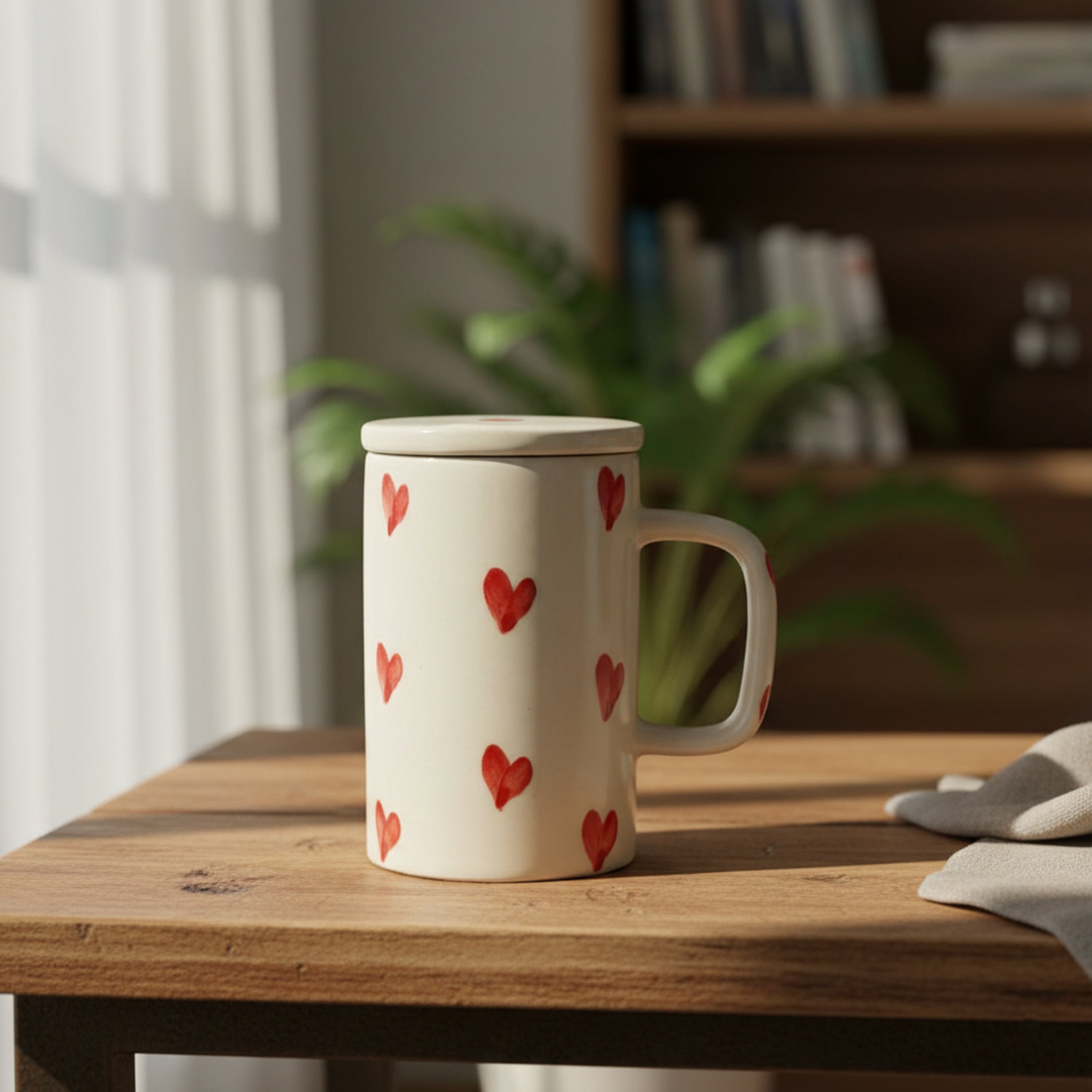 FlueArt Pottery Set of 2 Ceramic Mug with Lid 350ml | Red Heart Pattern Handcrafted Coffee & Tea Mugs | Premium Ceramic Cups with Lid, Modern Kitchen Drinkware