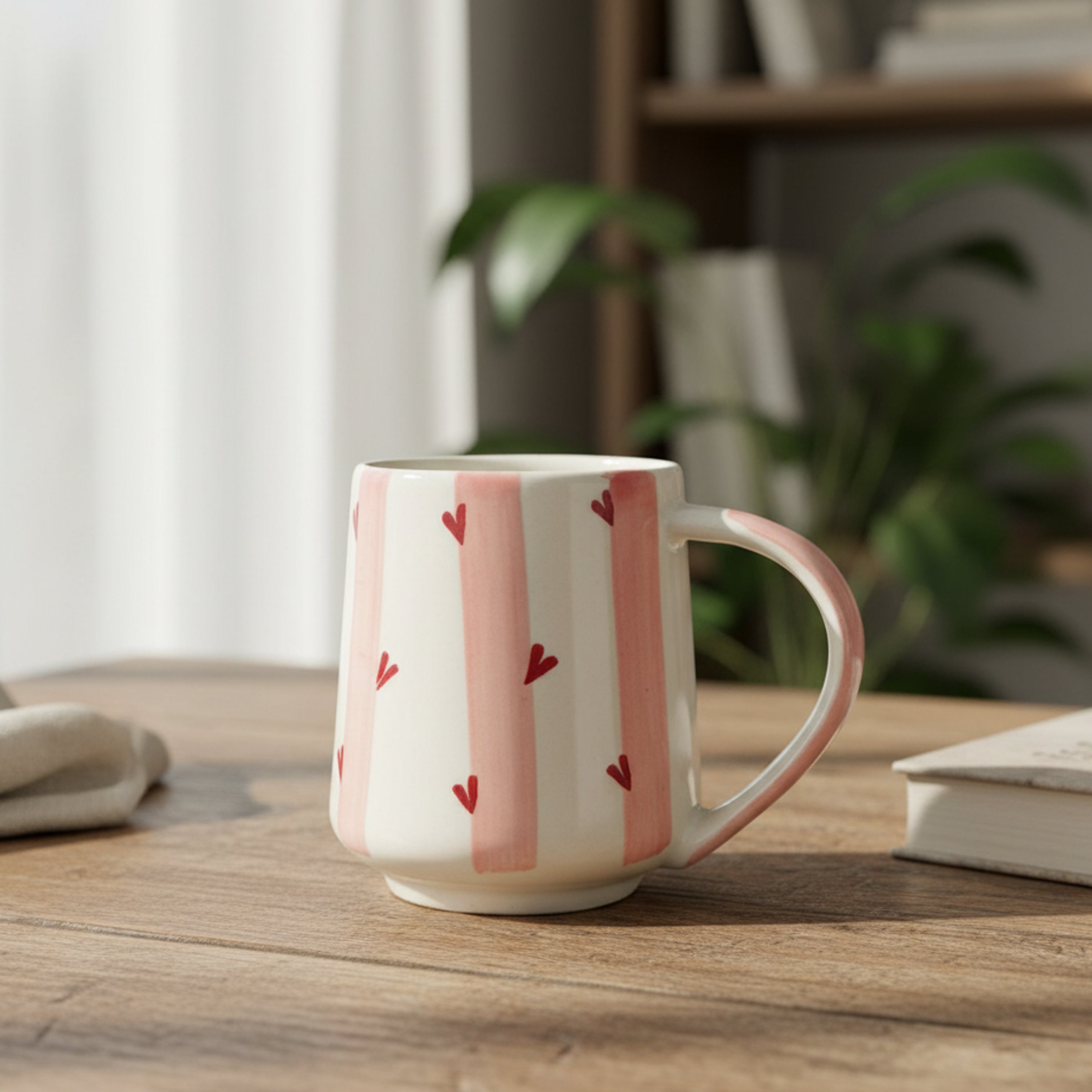 UK Handicraft Ceramic Mug Set of 2 – 350ml Red Hearts and Vertical Design Handcrafted Cups | Premium Coffee and Tea Mugs for Home, Office & Kitchen Décor