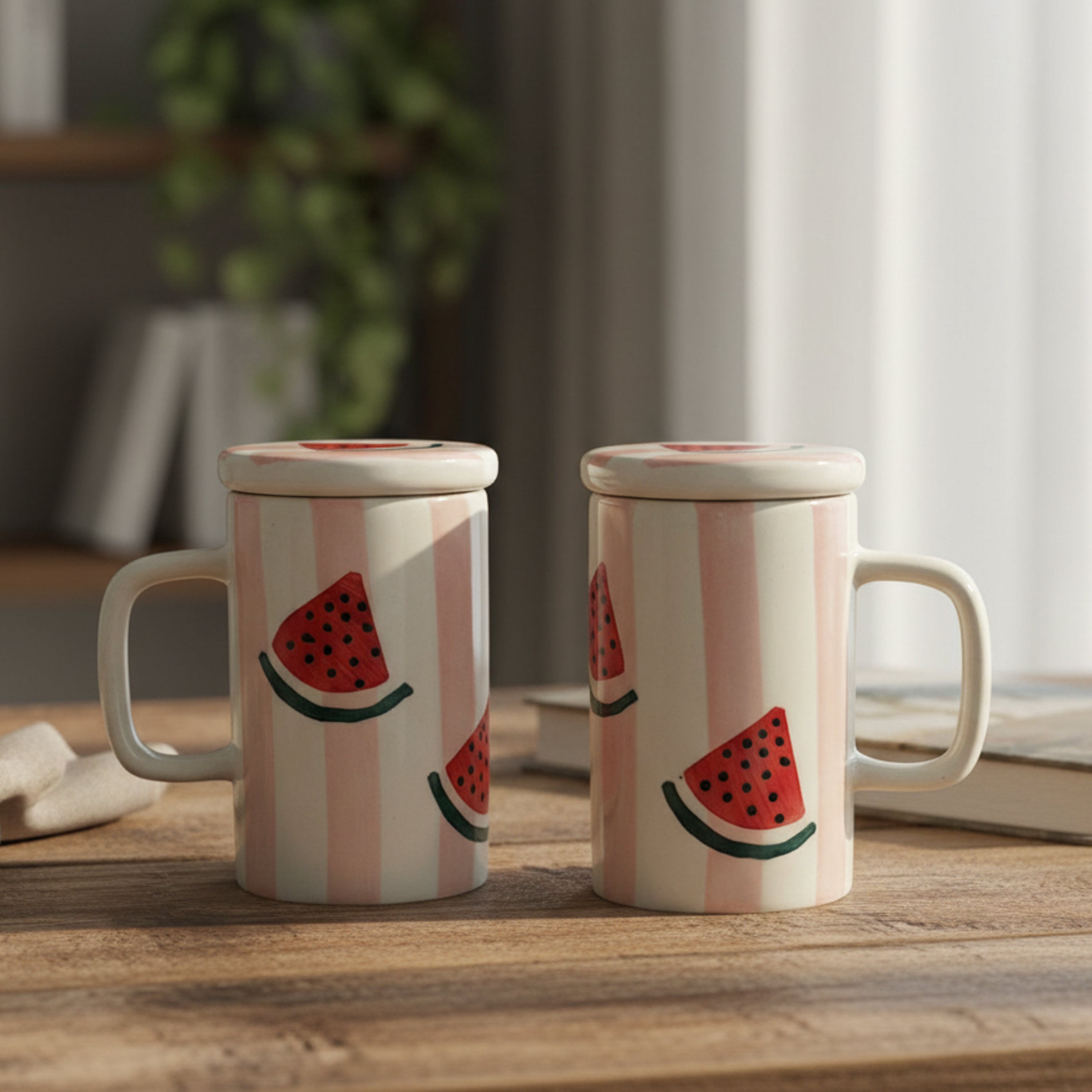 FlueArt Pottery Ceramic Mugs with Lid Set of 2, 350ml Watermelon Design Red, Pink and White Coffee and Tea Cups | Premium Handcrafted Covered Mugs for Modern Kitchen and Dining