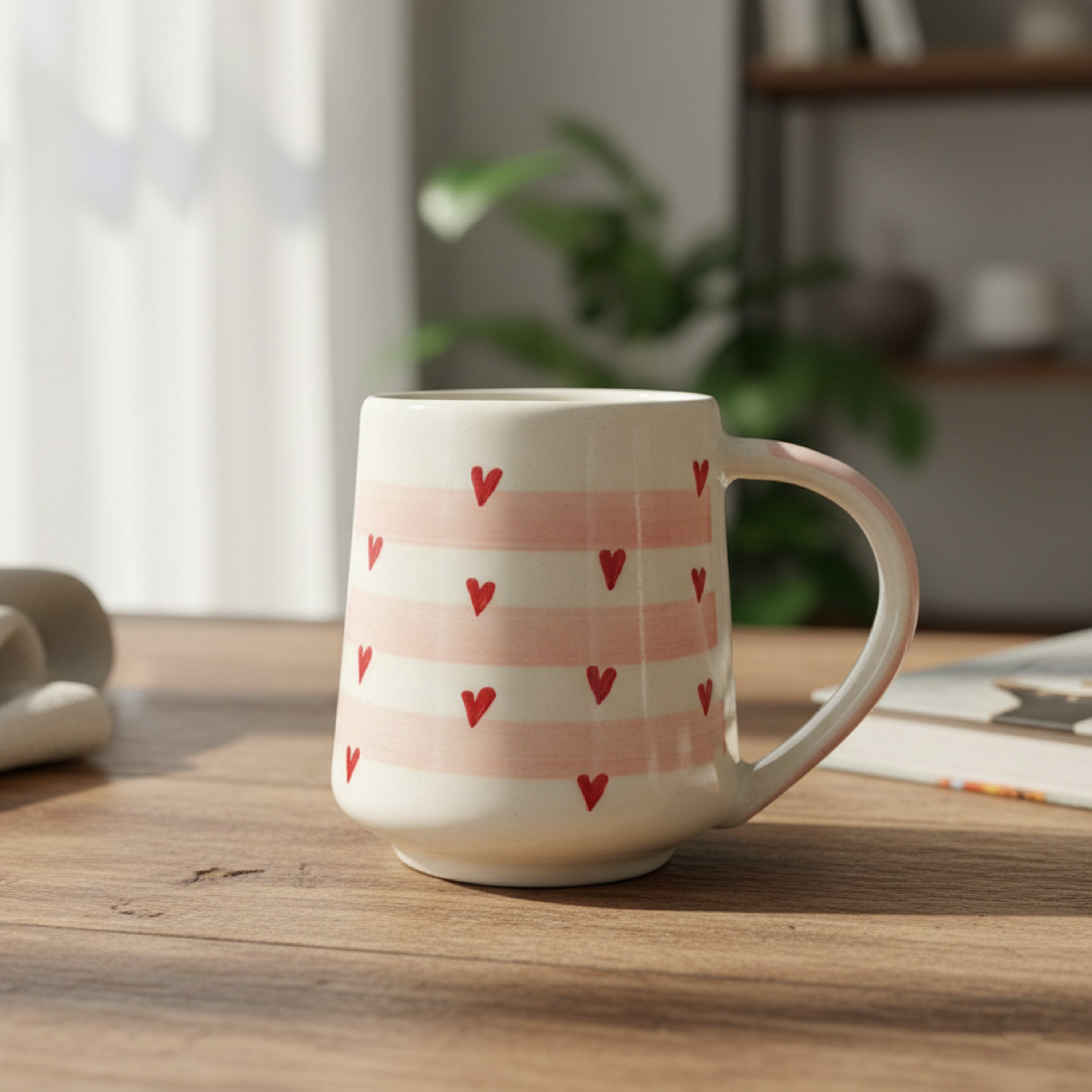 UK Handicraft Ceramic Mug Set of 2 – 350ml Red Hearts and Horizontal Design Handcrafted Cups | Premium Coffee and Tea Mugs for Home, Office & Kitchen Décor