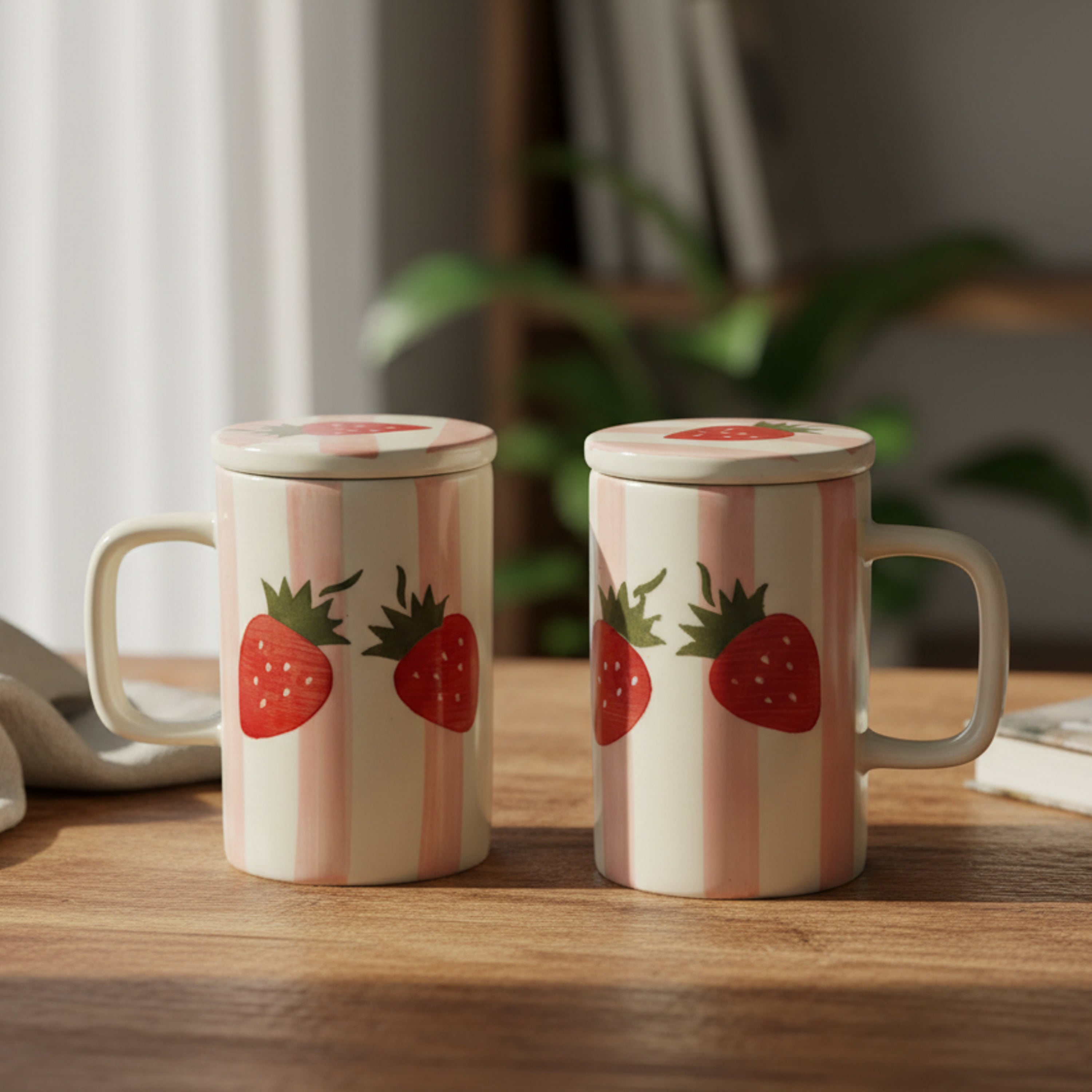 FlueArt Pottery Ceramic Mugs with Lid Set of 2, 350ml Strawberry Design Red, Pink and White Coffee and Tea Cups | Premium Handcrafted Covered Mugs for Modern Kitchen and Dining