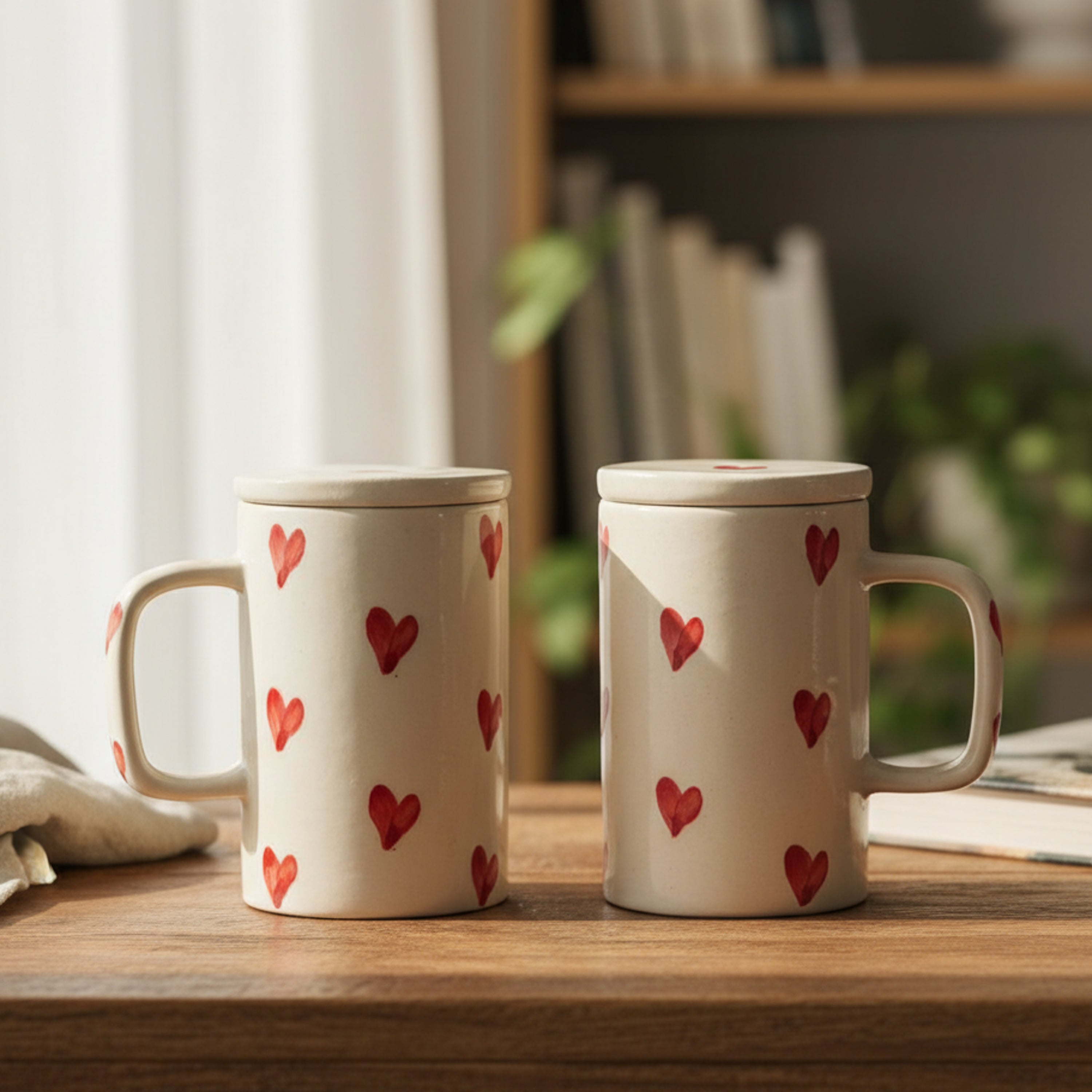 FlueArt Pottery Set of 2 Ceramic Mug with Lid 350ml | Red Heart Pattern Handcrafted Coffee & Tea Mugs | Premium Ceramic Cups with Lid, Modern Kitchen Drinkware