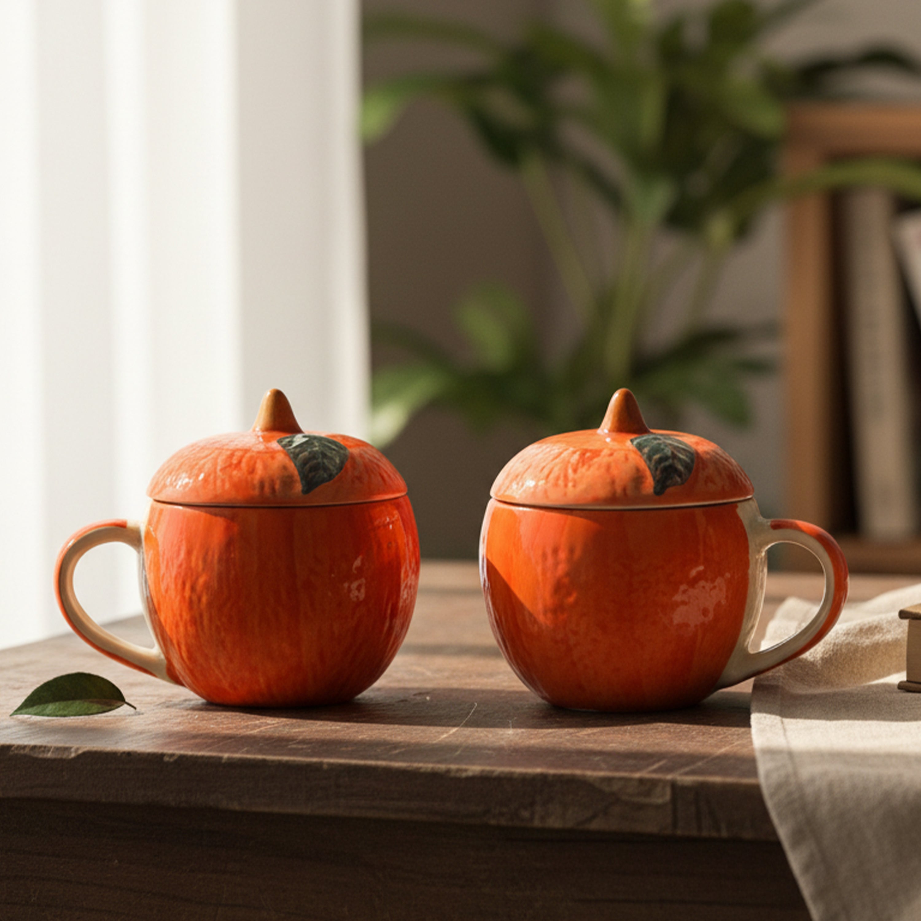 FlueArt Pottery Set of 2 Ceramic Orange Shape Mug with Lid (250 ml Each) | Orange Color Handcrafted Tea & Coffee Cups | Decorative Ceramic Mug for Home, Kitchen & Gifting