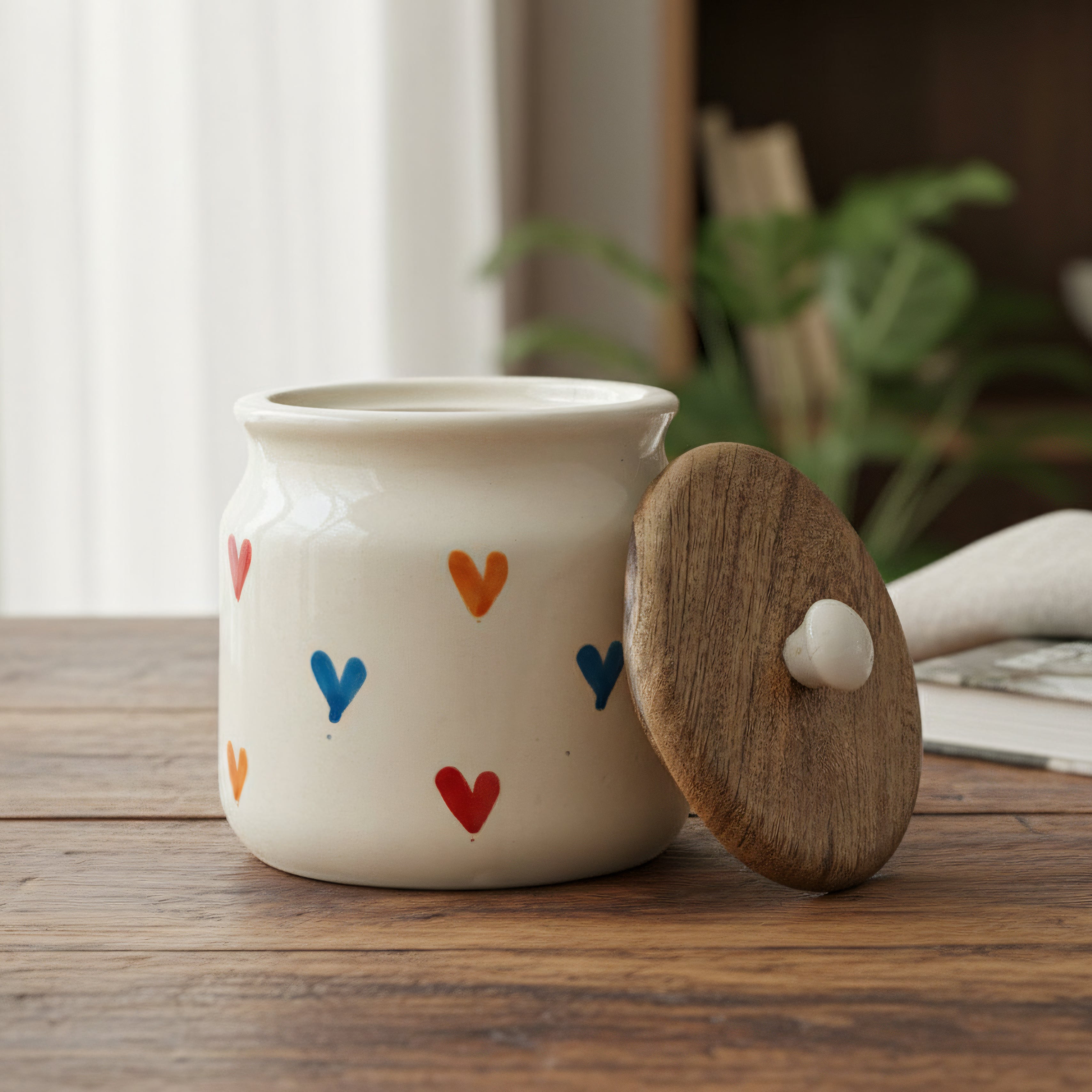 Ceramic Airtight Jars Set of 2 - 750ml Multicolor Hearts with Wooden Lid