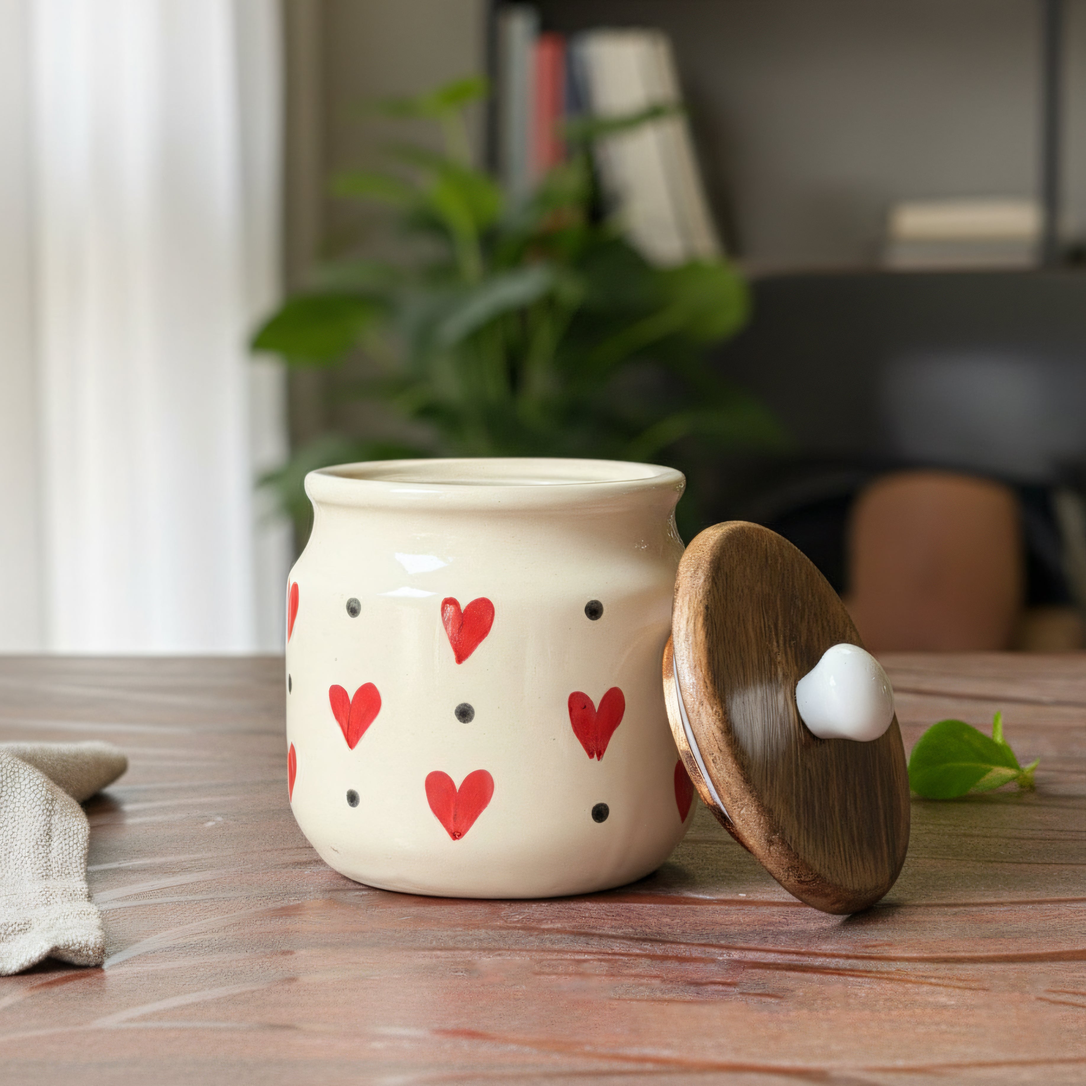 Ceramic Airtight Jars Set of 2 - 450ml Red Hearts with Wooden Lid