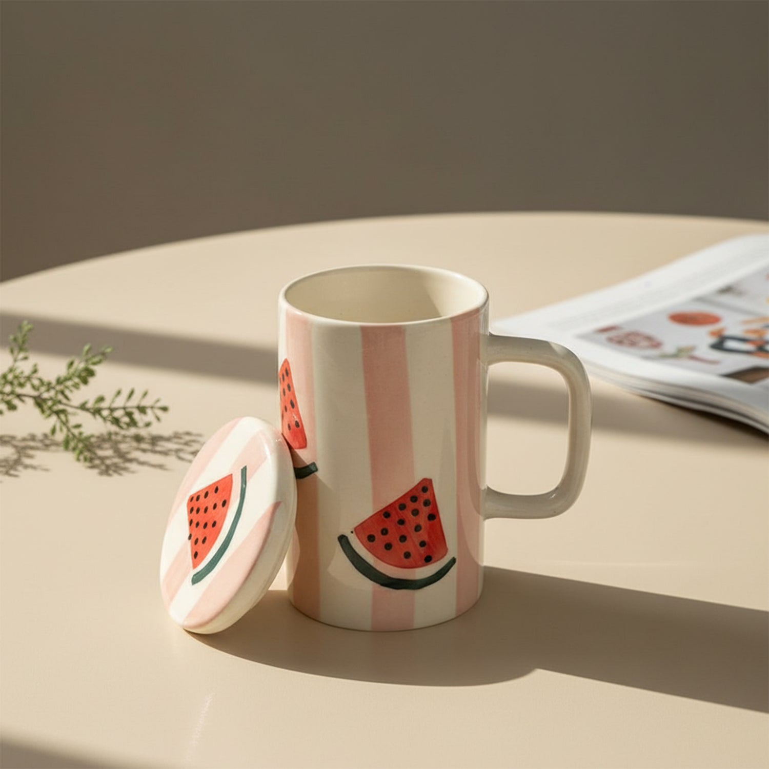 FlueArt Pottery Ceramic Mugs with Lid Set of 2, 350ml Watermelon Design Red, Pink and White Coffee and Tea Cups | Premium Handcrafted Covered Mugs for Modern Kitchen and Dining