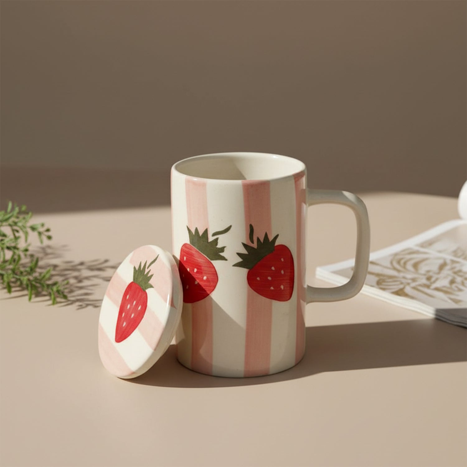 FlueArt Pottery Ceramic Mugs with Lid Set of 2, 350ml Strawberry Design Red, Pink and White Coffee and Tea Cups | Premium Handcrafted Covered Mugs for Modern Kitchen and Dining