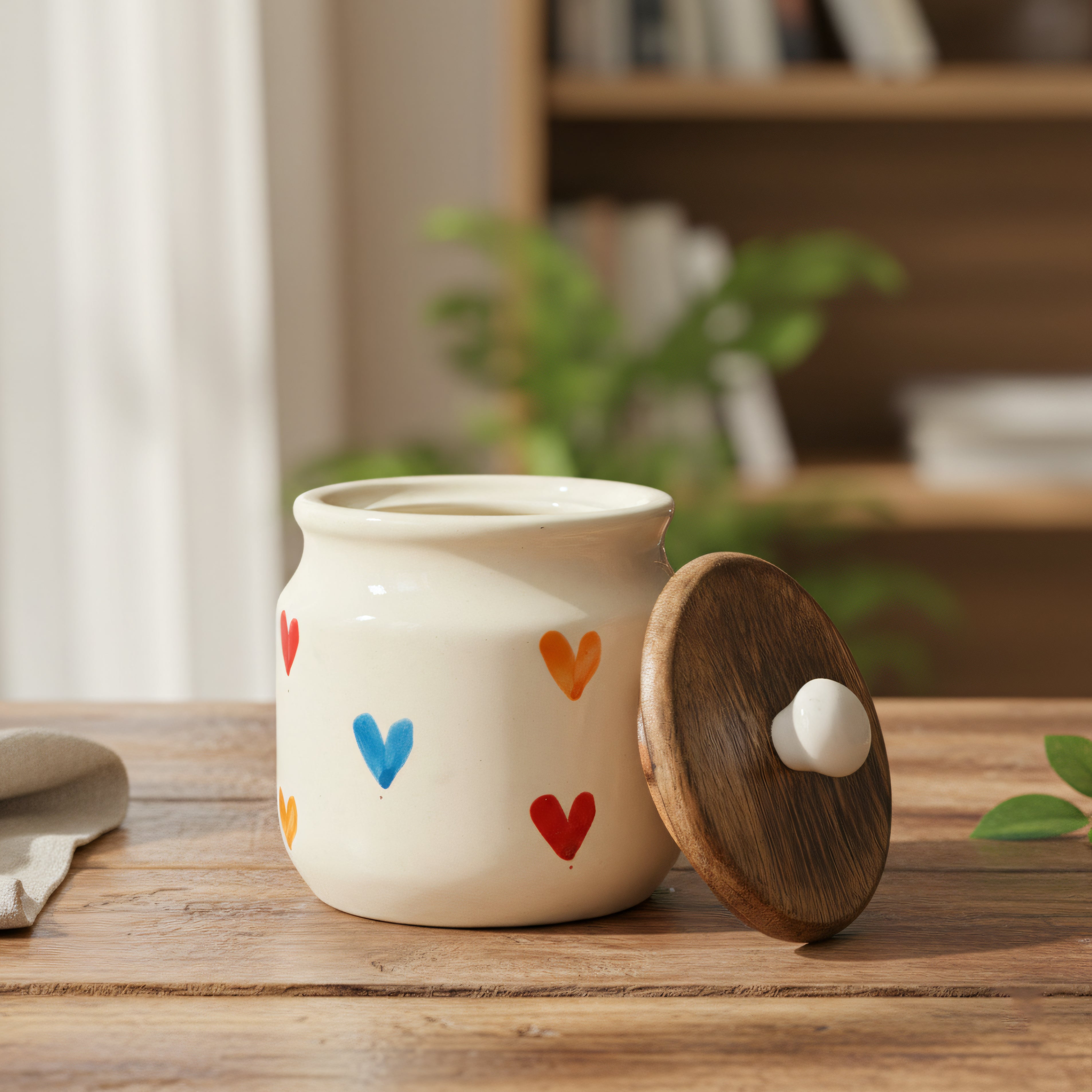 Ceramic Airtight Jars Set of 2 - 450ml Multicolor Hearts with Wooden Lid