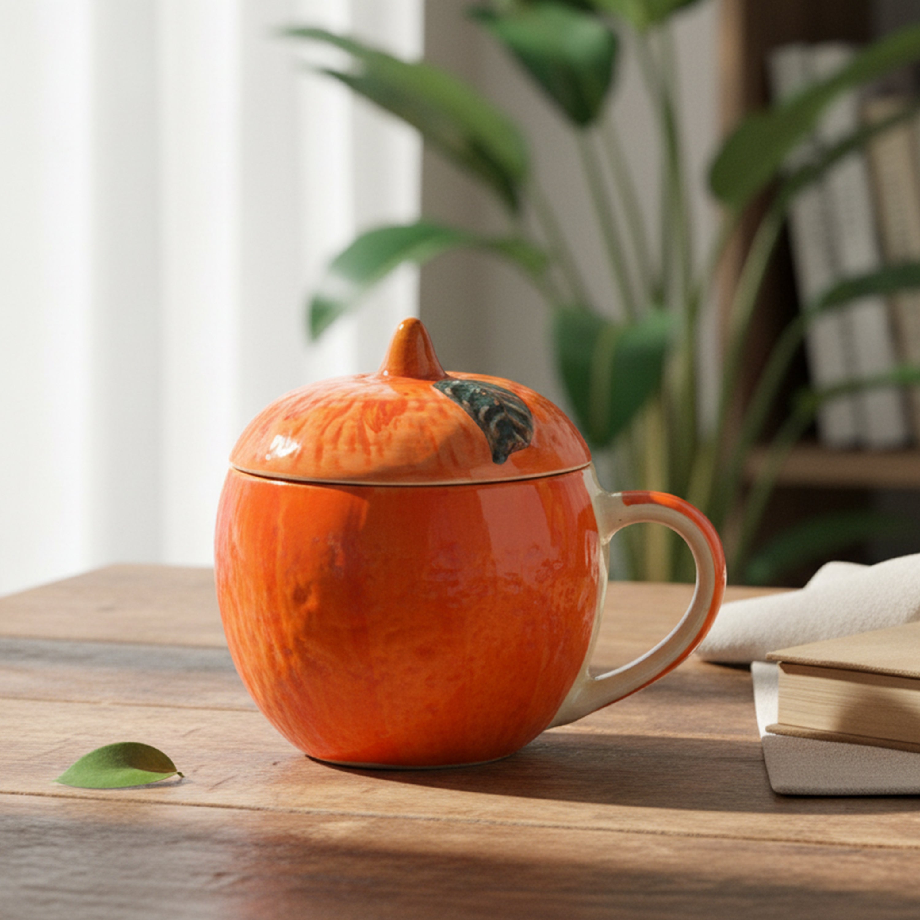 FlueArt Pottery Set of 2 Ceramic Orange Shape Mug with Lid (250 ml Each) | Orange Color Handcrafted Tea & Coffee Cups | Decorative Ceramic Mug for Home, Kitchen & Gifting