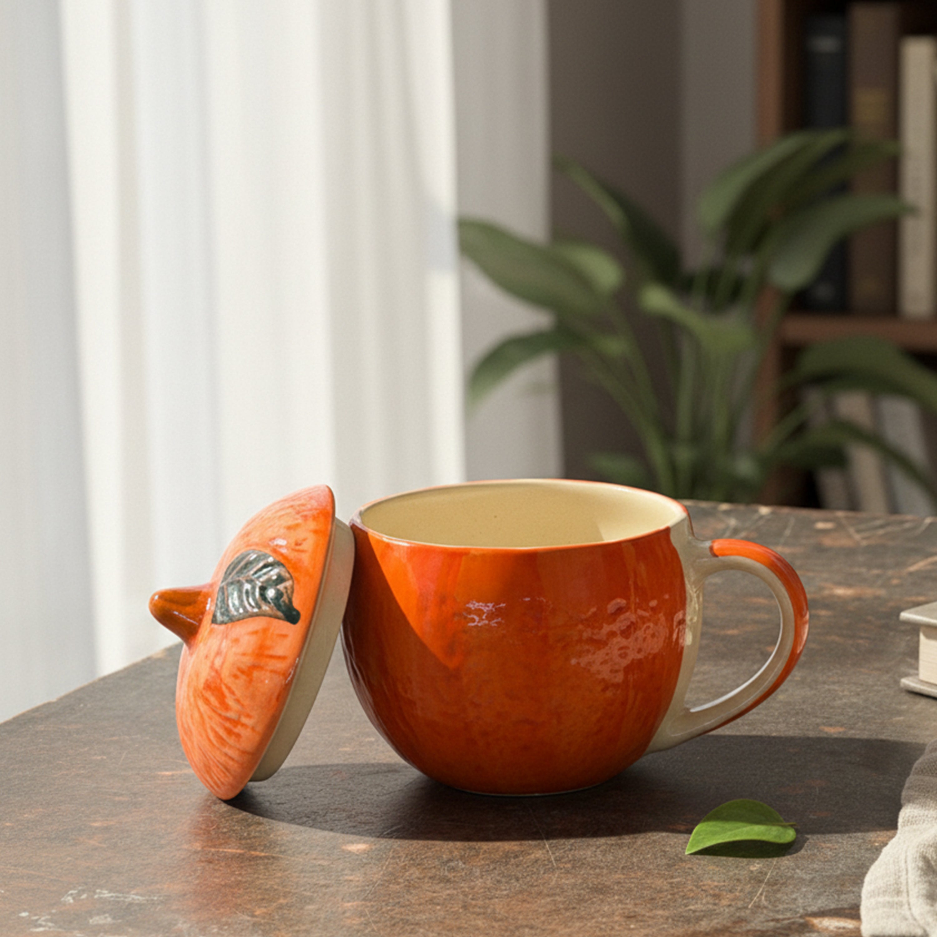 FlueArt Pottery Set of 2 Ceramic Orange Shape Mug with Lid (250 ml Each) | Orange Color Handcrafted Tea & Coffee Cups | Decorative Ceramic Mug for Home, Kitchen & Gifting