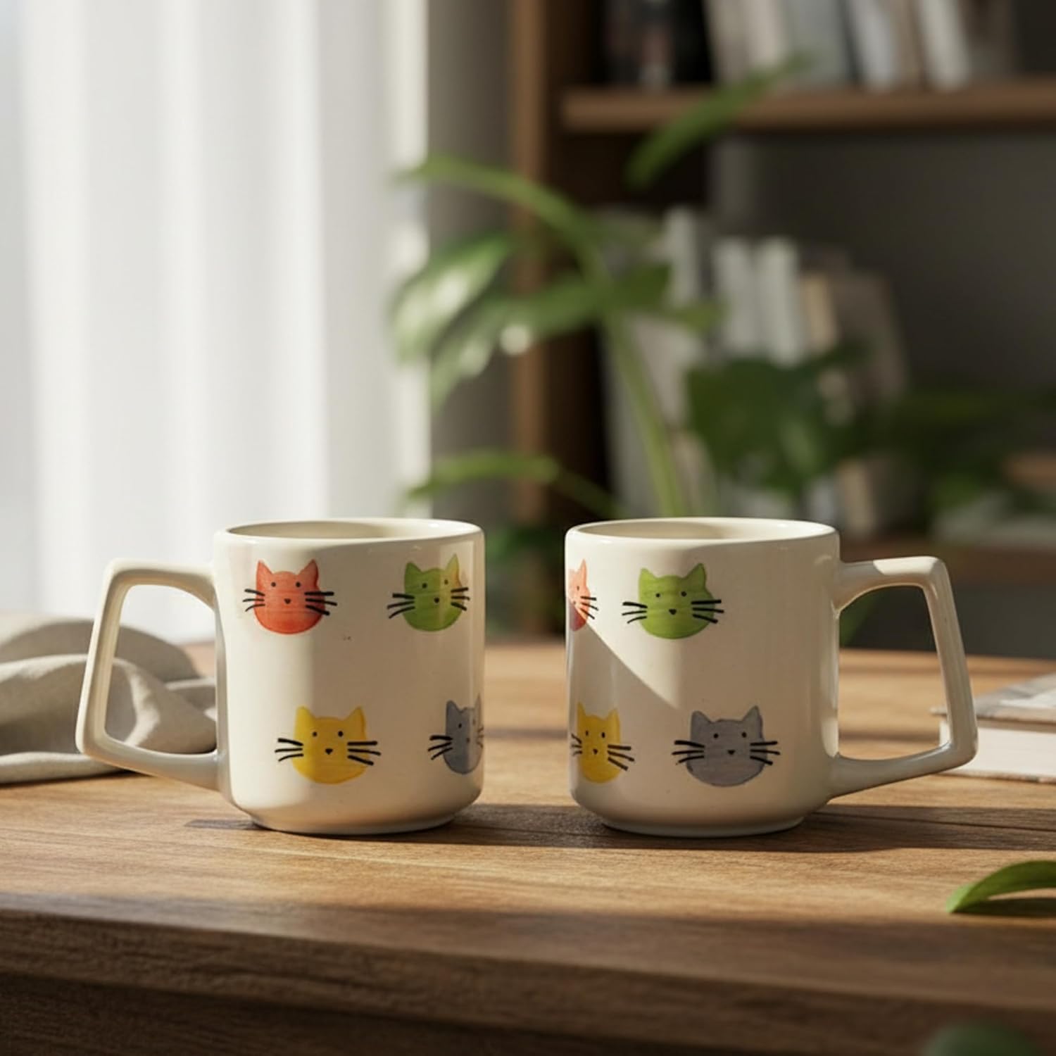FlueArt Pottery Ceramic Mugs Set of 2, 300ml Multicolour Cat Design Premium Handcrafted Coffee & Tea Cups | Stylish Kitchen Drinkware for Daily Use & Gifting