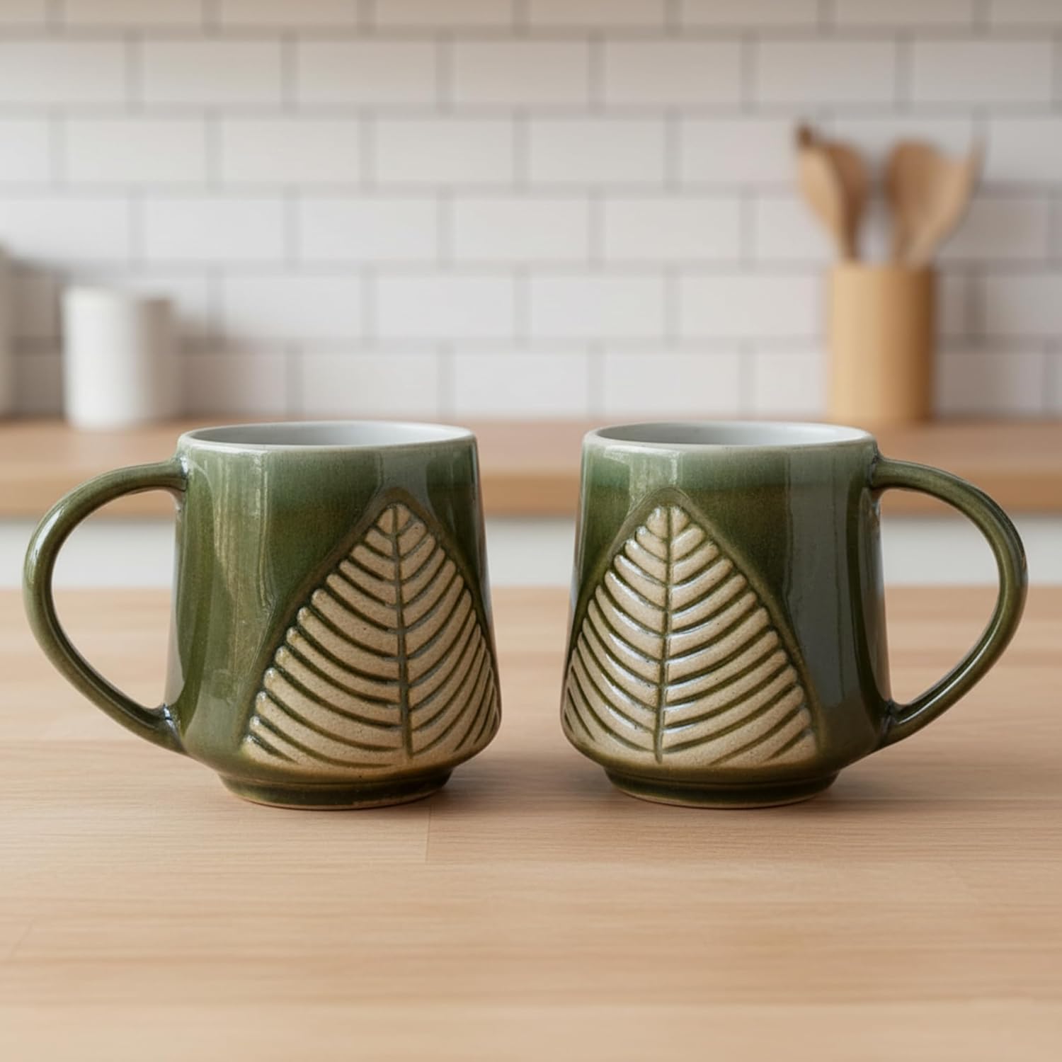 FlueArt Pottery Ceramic Mugs Set of 2, 350ml Green Rough Pan Design Premium Handcrafted Coffee and Tea Cups | Elegant Handmade Ceramic Drinkware for Modern Kitchen and Dining