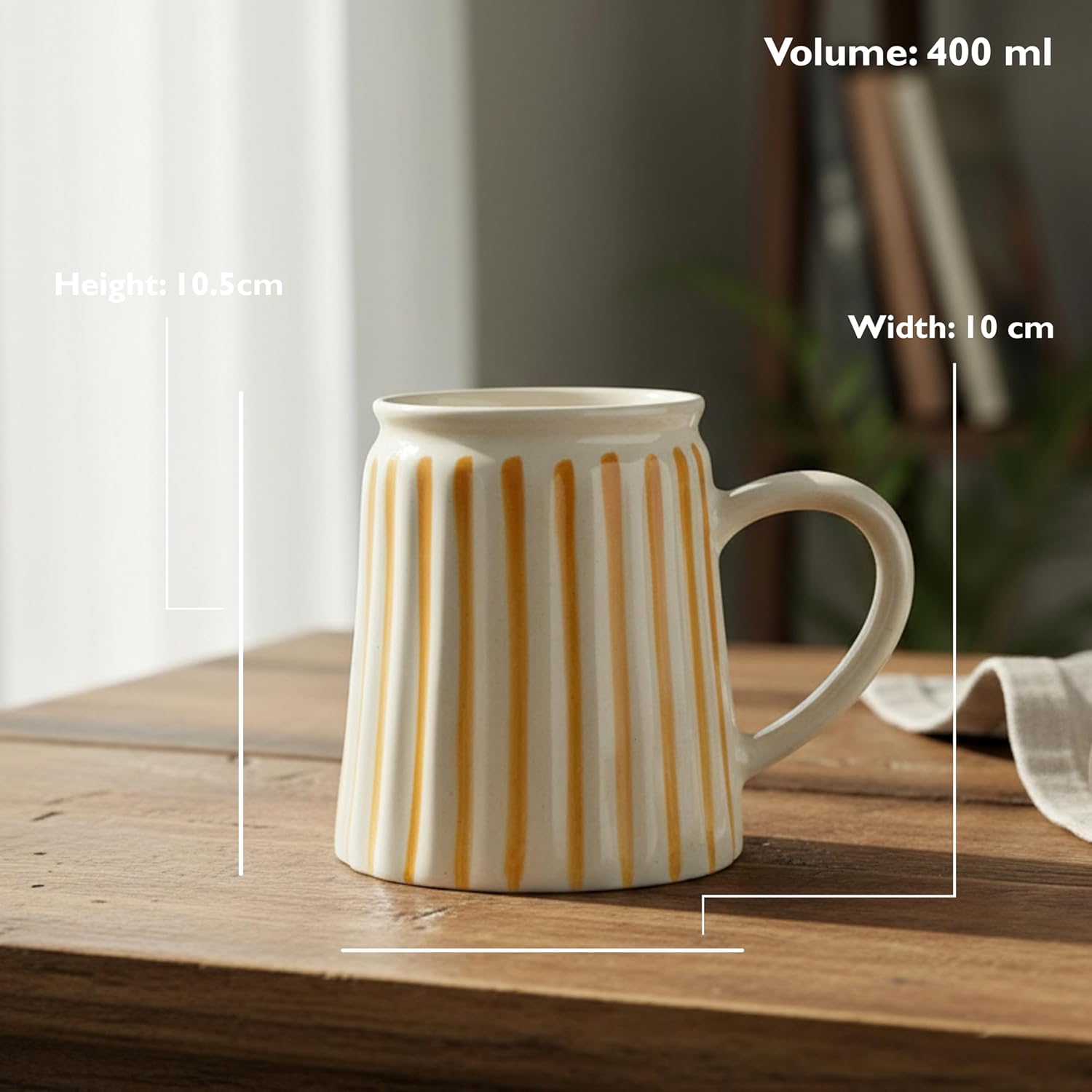 FlueArt Pottery Ceramic Coffee Mugs Set of 2 in Yellow and White with Ribbed Line Design, 400 ml Handmade Premium Coffee Cups for Home, Office, Gifting, Table Styling and Everyday Luxury Beverage Use