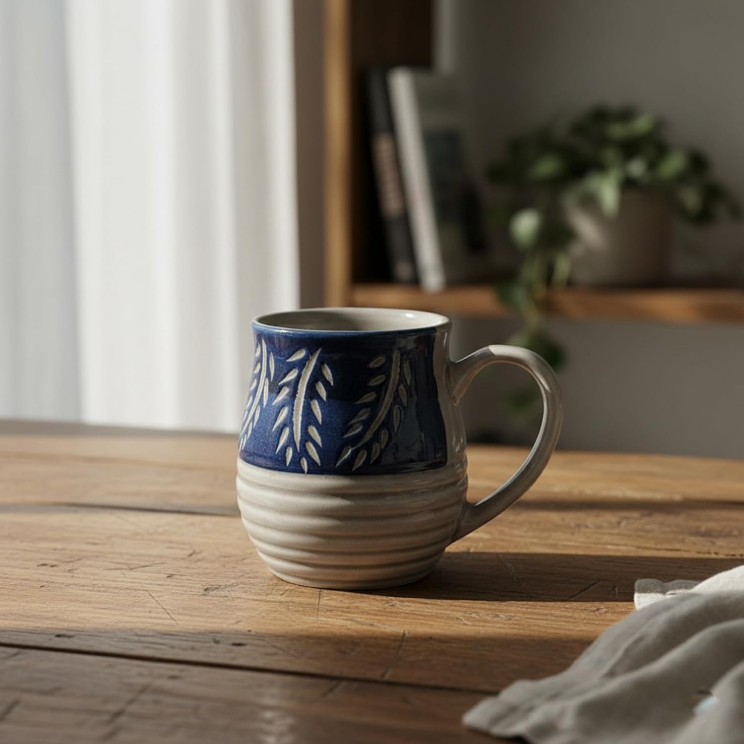 FlueArt Pottery Ceramic Mugs Set of 2, 300ml Blue and Grey Rustic Handcrafted Design Coffee and Tea Cups | Premium Handmade Drinkware for Modern Kitchen and Dining