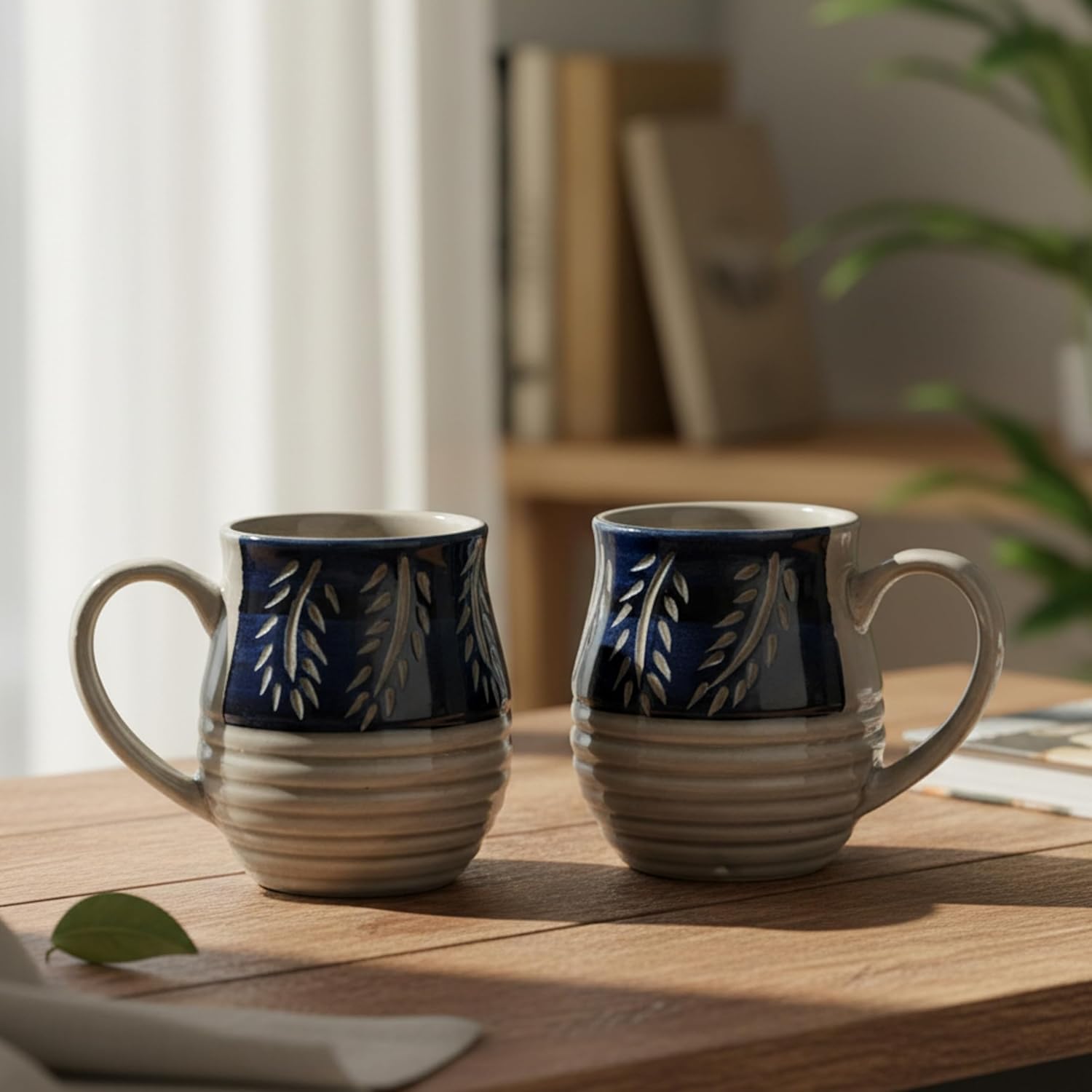 FlueArt Pottery Ceramic Mugs Set of 2, 300ml Blue and Grey Rustic Handcrafted Design Coffee and Tea Cups | Premium Handmade Drinkware for Modern Kitchen and Dining