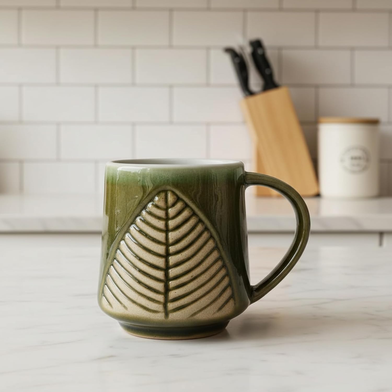 FlueArt Pottery Ceramic Mugs Set of 2, 350ml Green Rough Pan Design Premium Handcrafted Coffee and Tea Cups | Elegant Handmade Ceramic Drinkware for Modern Kitchen and Dining