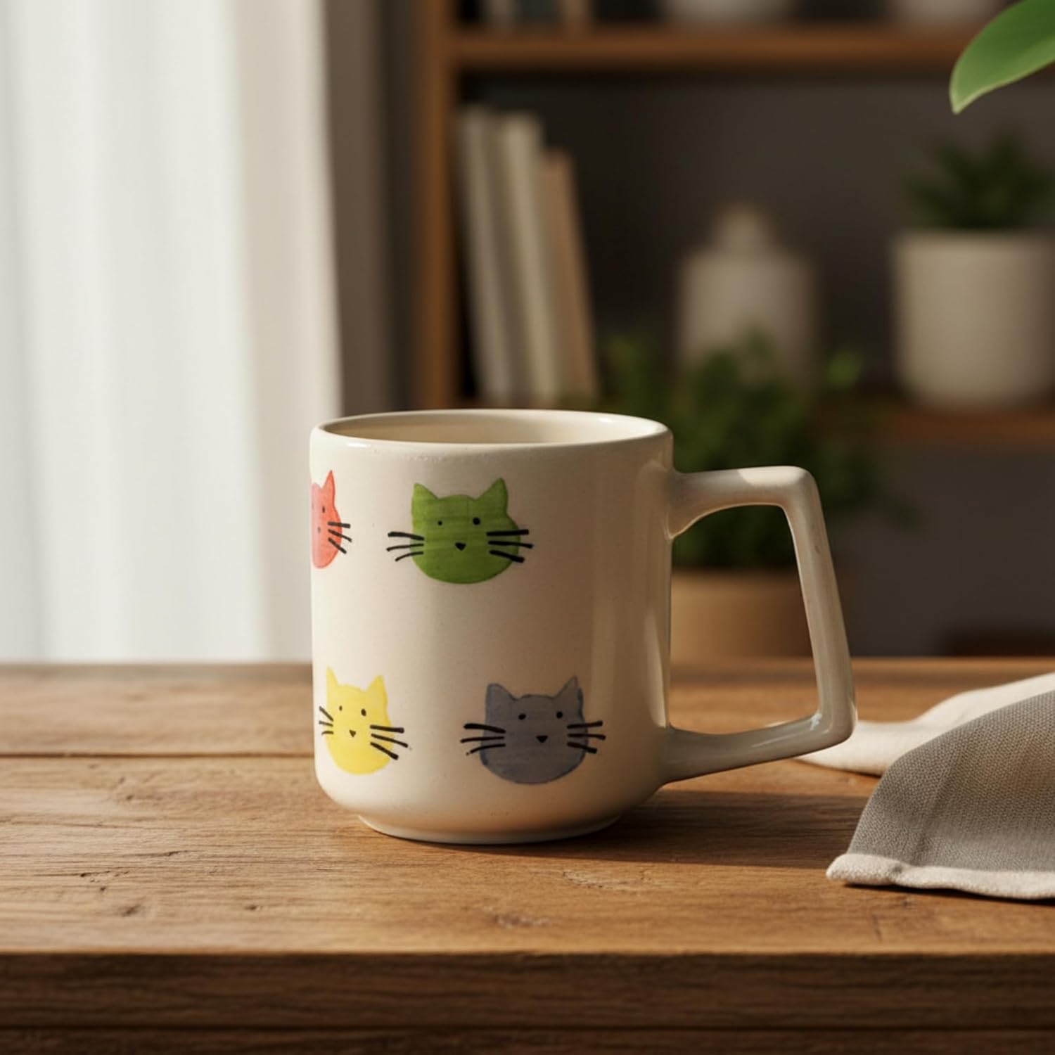FlueArt Pottery Ceramic Mugs Set of 2, 300ml Multicolour Cat Design Premium Handcrafted Coffee & Tea Cups | Stylish Kitchen Drinkware for Daily Use & Gifting