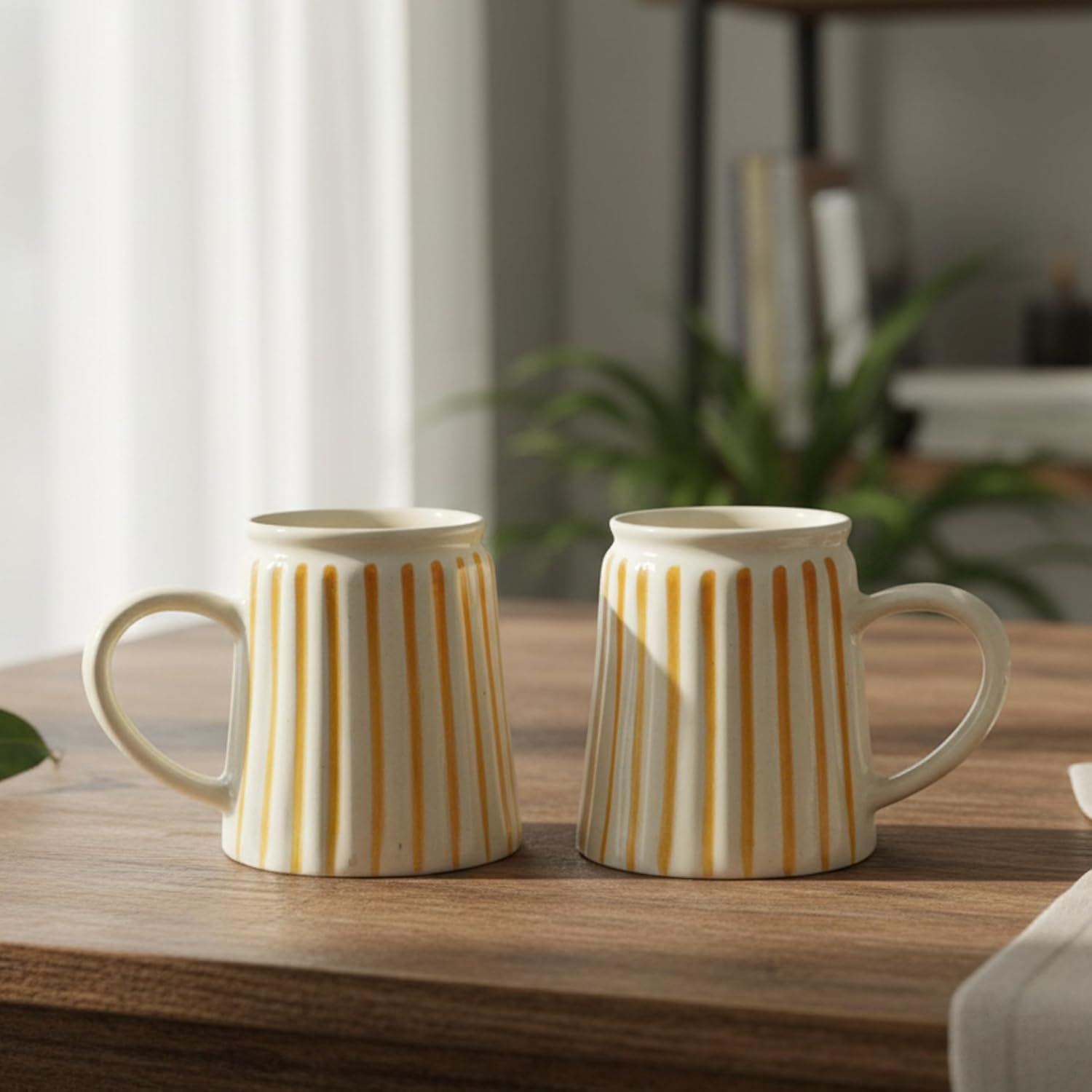 FlueArt Pottery Ceramic Coffee Mugs Set of 2 in Yellow and White with Ribbed Line Design, 400 ml Handmade Premium Coffee Cups for Home, Office, Gifting, Table Styling and Everyday Luxury Beverage Use