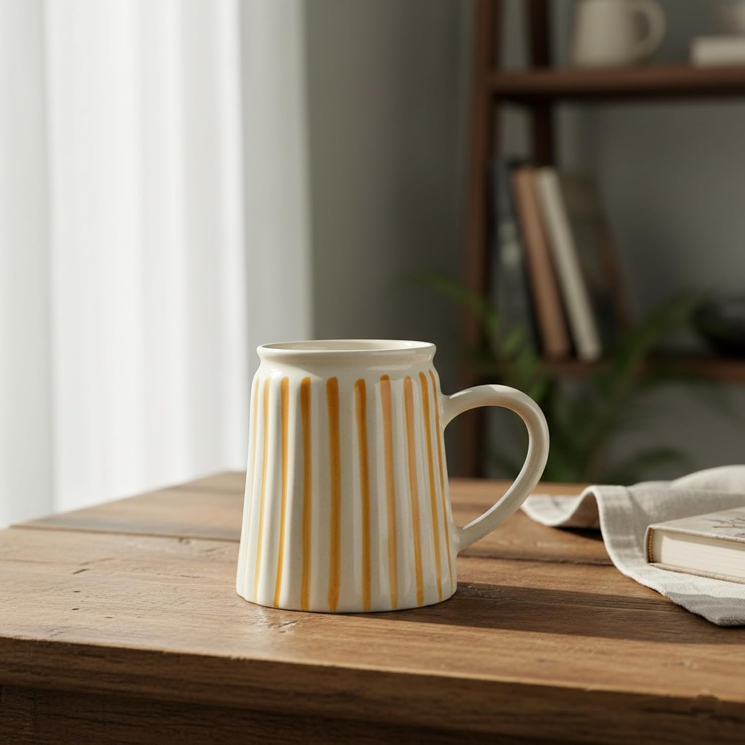 FlueArt Pottery Ceramic Coffee Mugs Set of 2 in Yellow and White with Ribbed Line Design, 400 ml Handmade Premium Coffee Cups for Home, Office, Gifting, Table Styling and Everyday Luxury Beverage Use