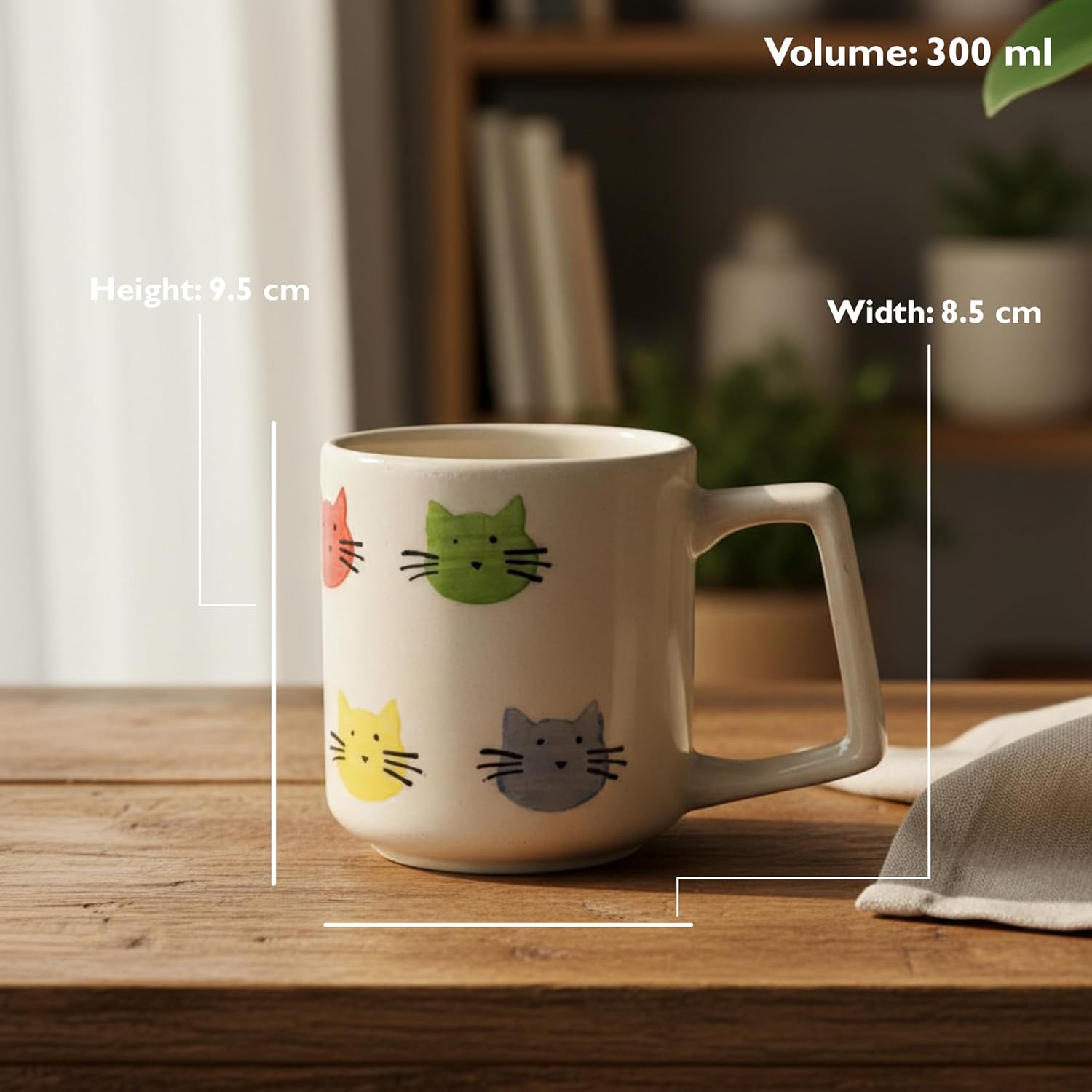 FlueArt Pottery Ceramic Mugs Set of 2, 300ml Multicolour Cat Design Premium Handcrafted Coffee & Tea Cups | Stylish Kitchen Drinkware for Daily Use & Gifting