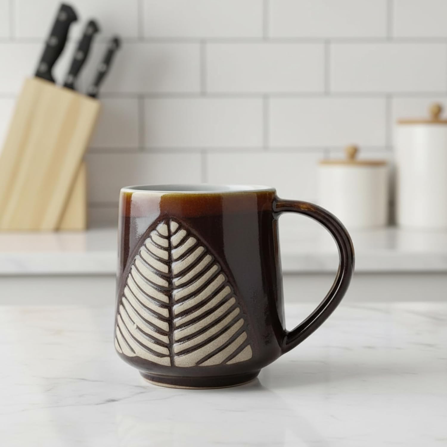 FlueArt Pottery Ceramic Mugs Set of 2, 350ml Brown Rough Pan Design Premium Handcrafted Coffee and Tea Cups | Elegant Handmade Ceramic Drinkware for Modern Kitchen and Dining