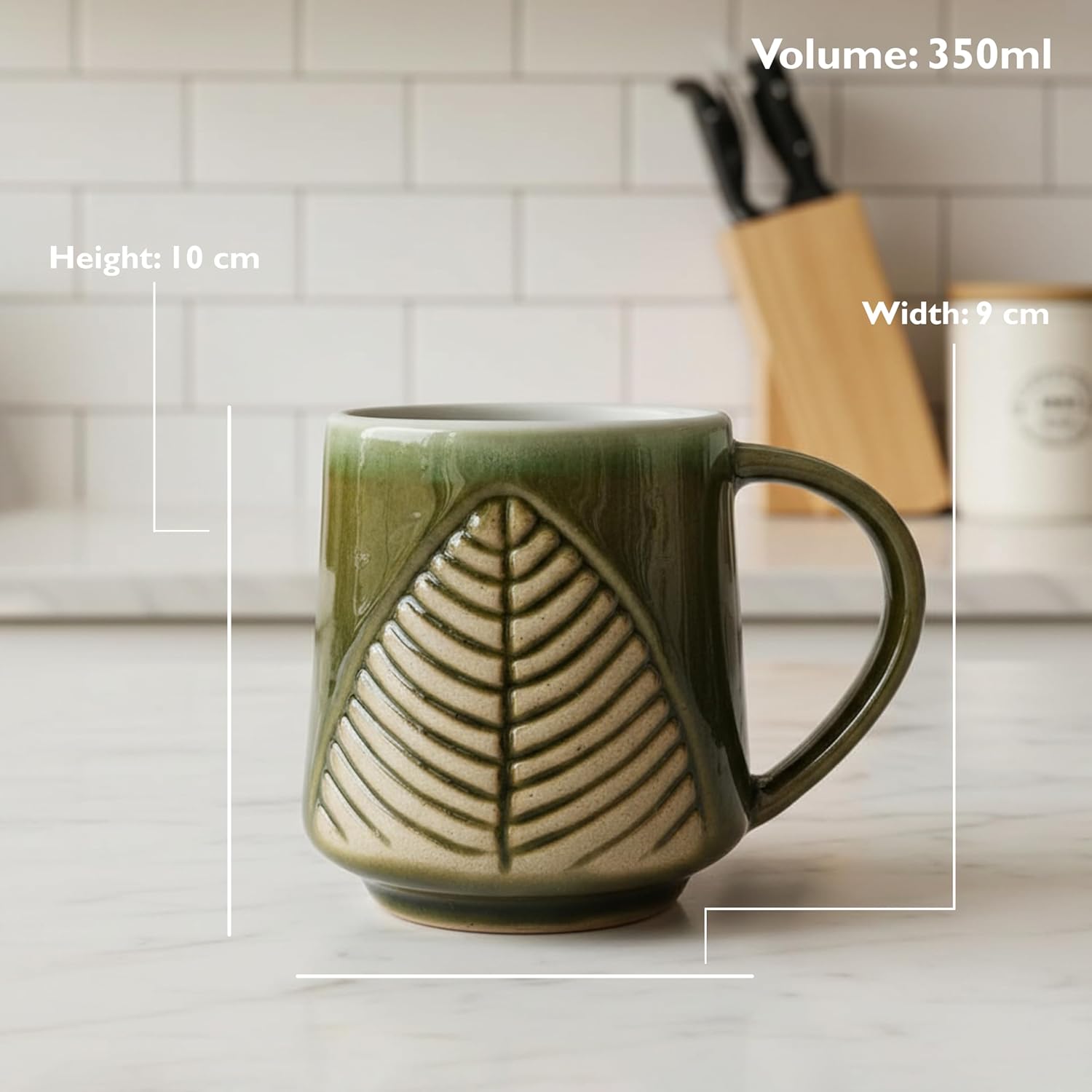 FlueArt Pottery Ceramic Mugs Set of 2, 350ml Green Rough Pan Design Premium Handcrafted Coffee and Tea Cups | Elegant Handmade Ceramic Drinkware for Modern Kitchen and Dining