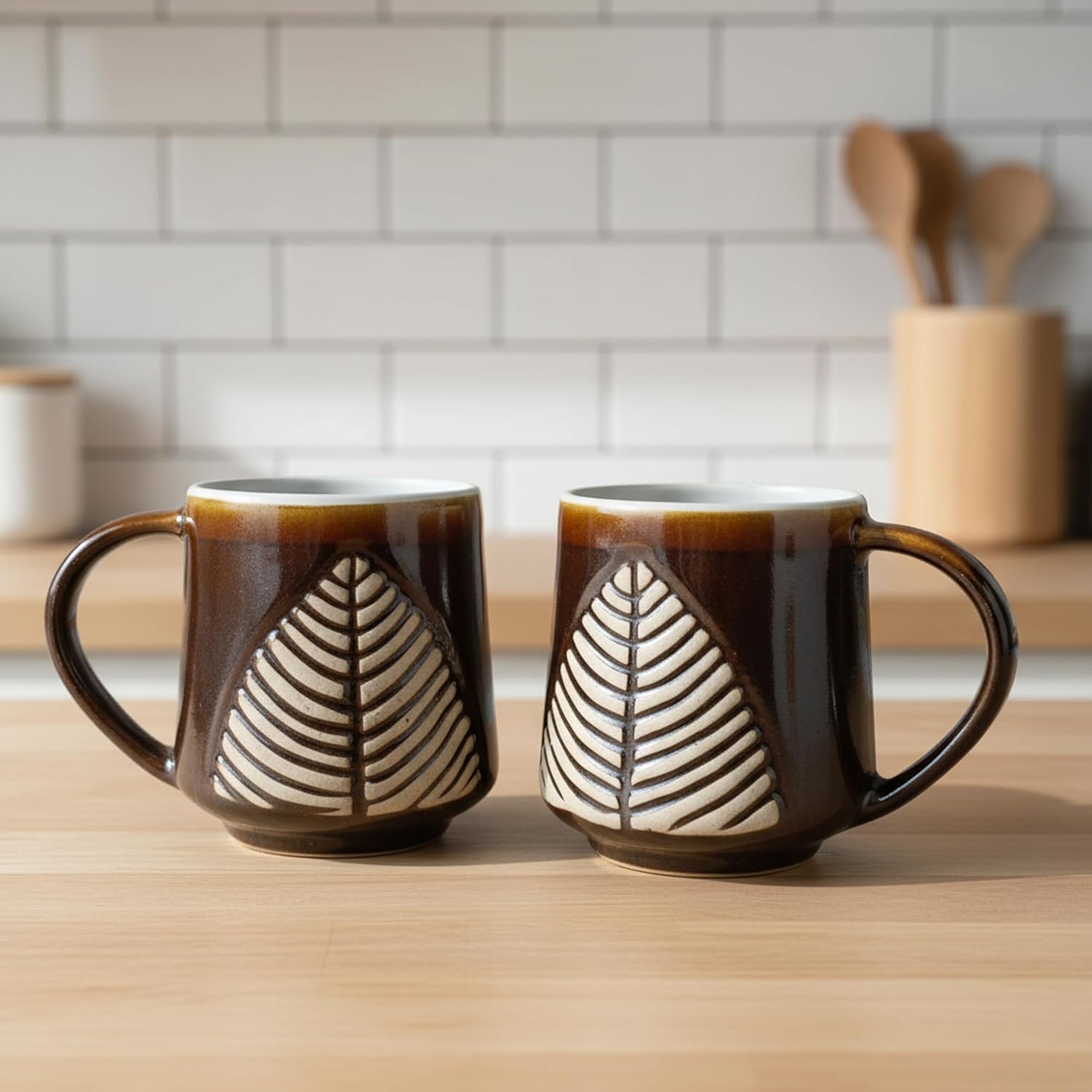 FlueArt Pottery Ceramic Mugs Set of 2, 350ml Brown Rough Pan Design Premium Handcrafted Coffee and Tea Cups | Elegant Handmade Ceramic Drinkware for Modern Kitchen and Dining