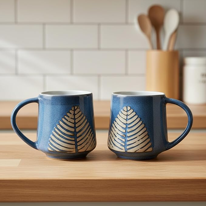 UK Handicraft Ceramic Mugs Set of 2, 350ml Brown Rough Pan Design Premium Handcrafted Coffee and Tea Cups | Elegant Handmade Ceramic Drinkware for Modern Kitchen and Dining