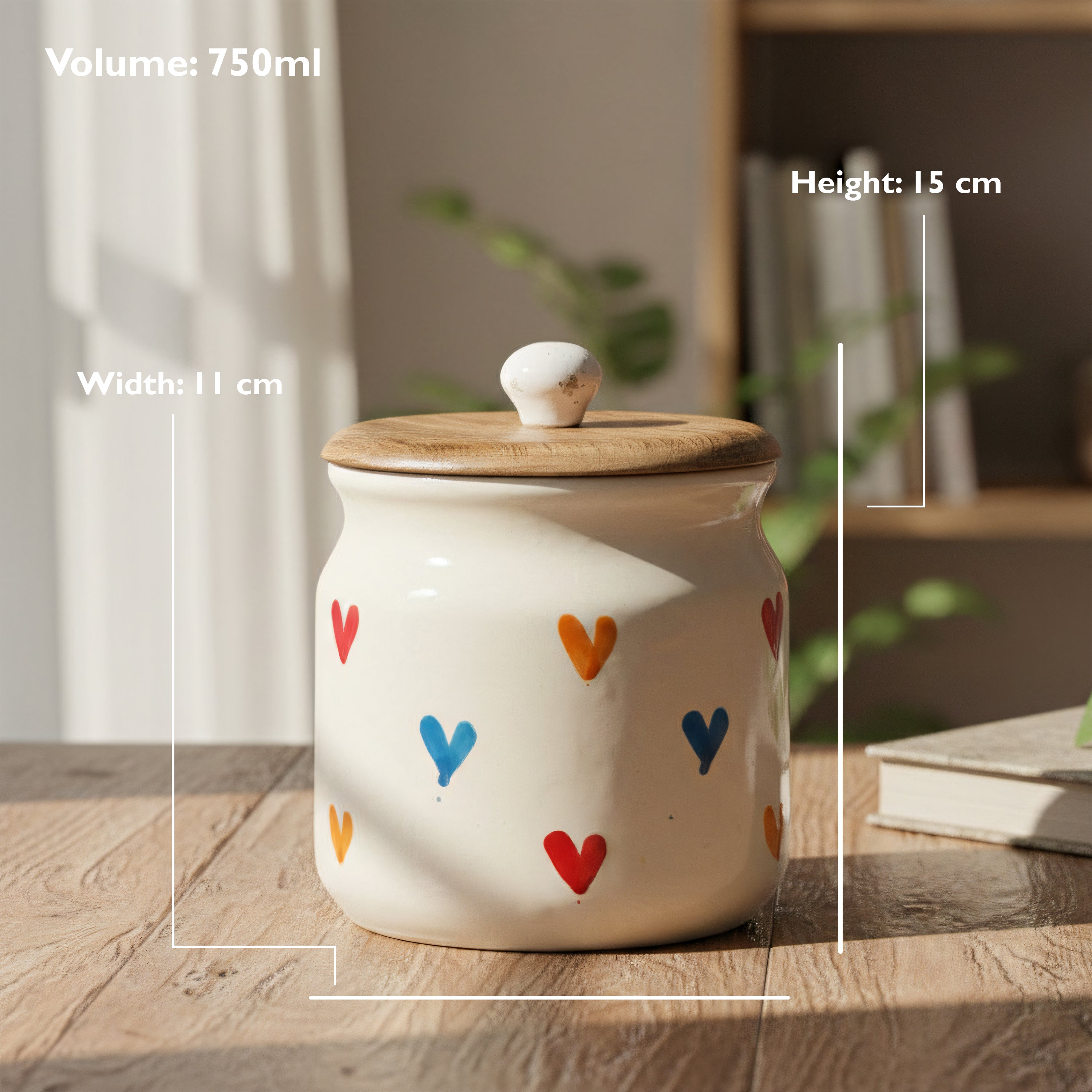 Ceramic Airtight Jars Set of 2 - 750ml Multicolor Hearts with Wooden Lid