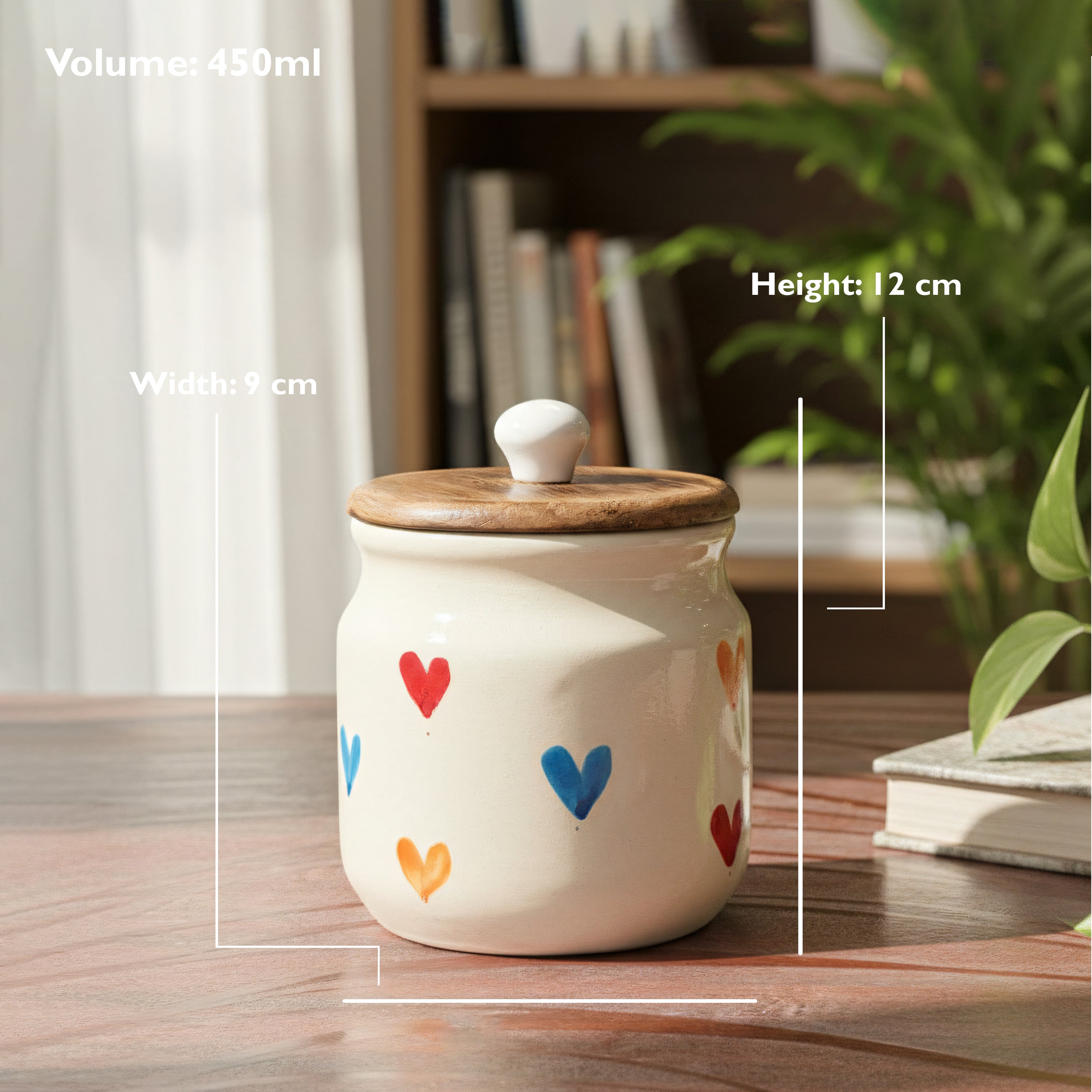 Ceramic Airtight Jars Set of 2 - 450ml Multicolor Hearts with Wooden Lid