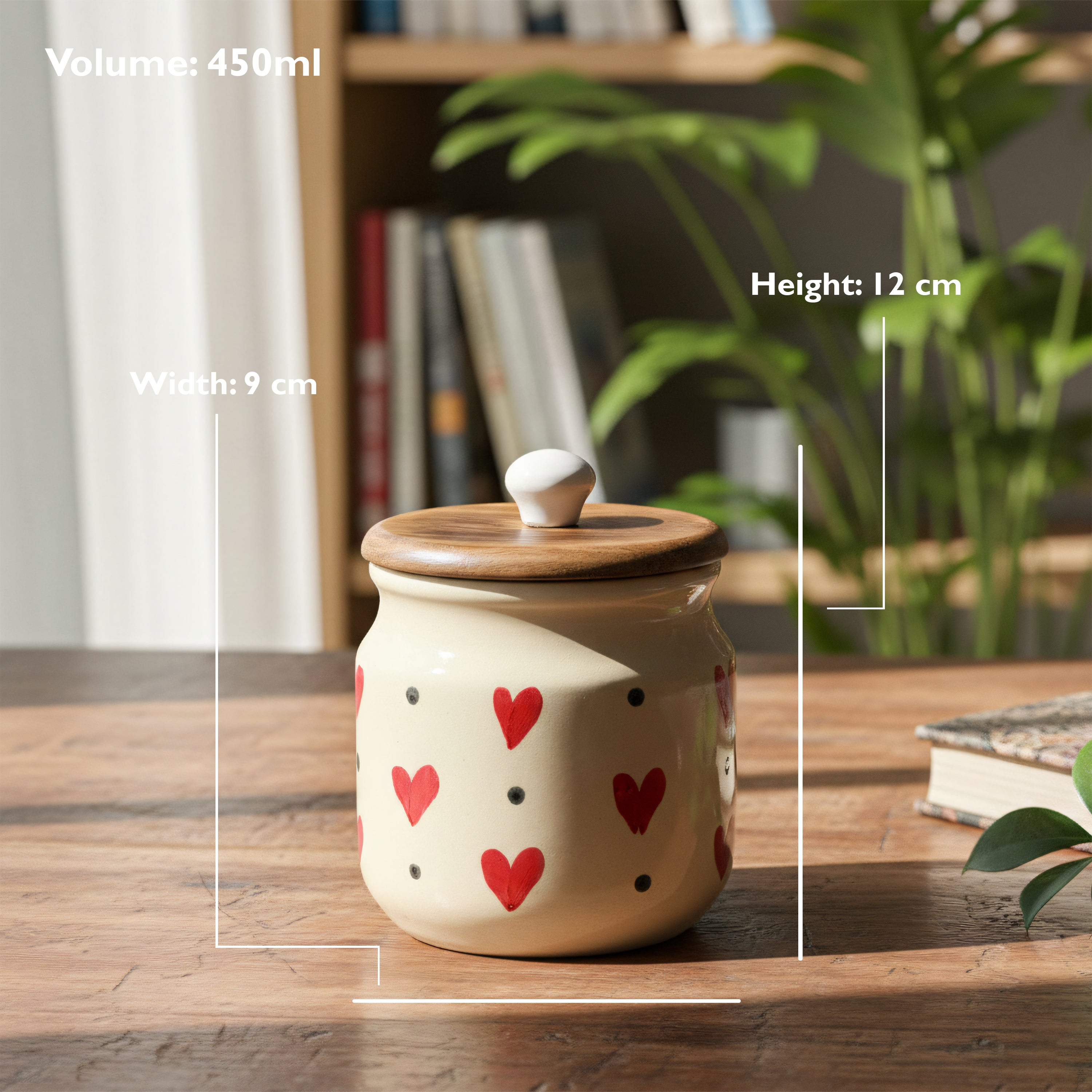 Ceramic Airtight Jars Set of 2 - 450ml Red Hearts with Wooden Lid