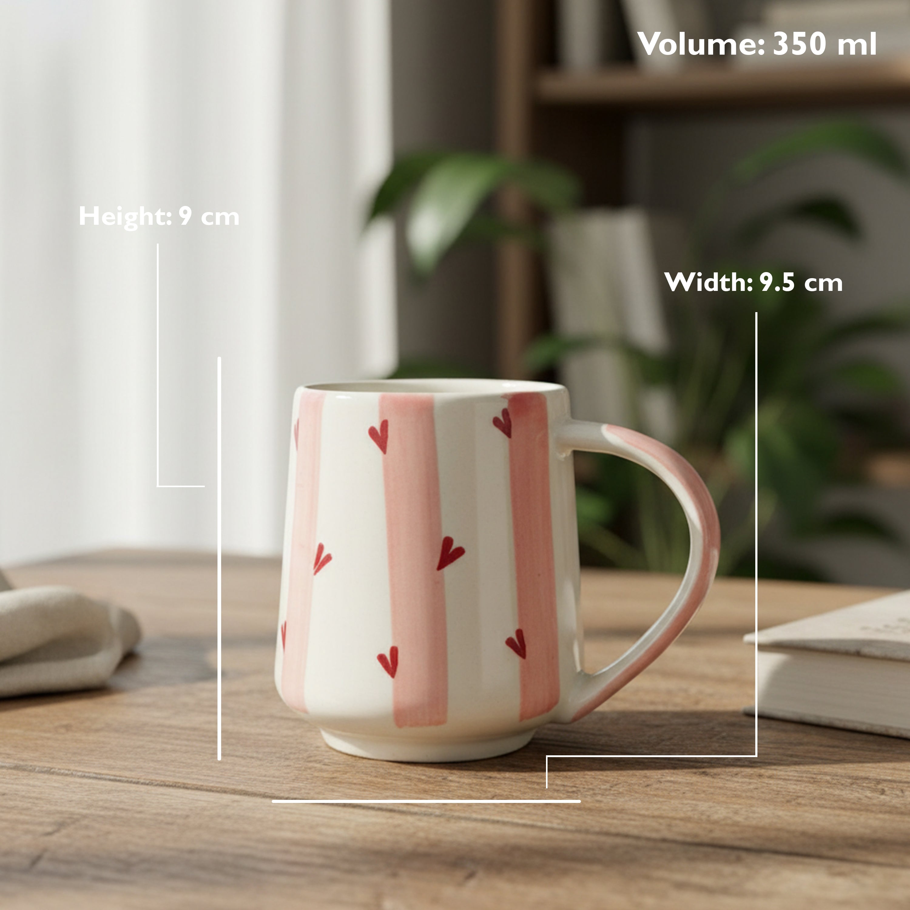 UK Handicraft Ceramic Mug Set of 2 – 350ml Red Hearts and Vertical Design Handcrafted Cups | Premium Coffee and Tea Mugs for Home, Office & Kitchen Décor