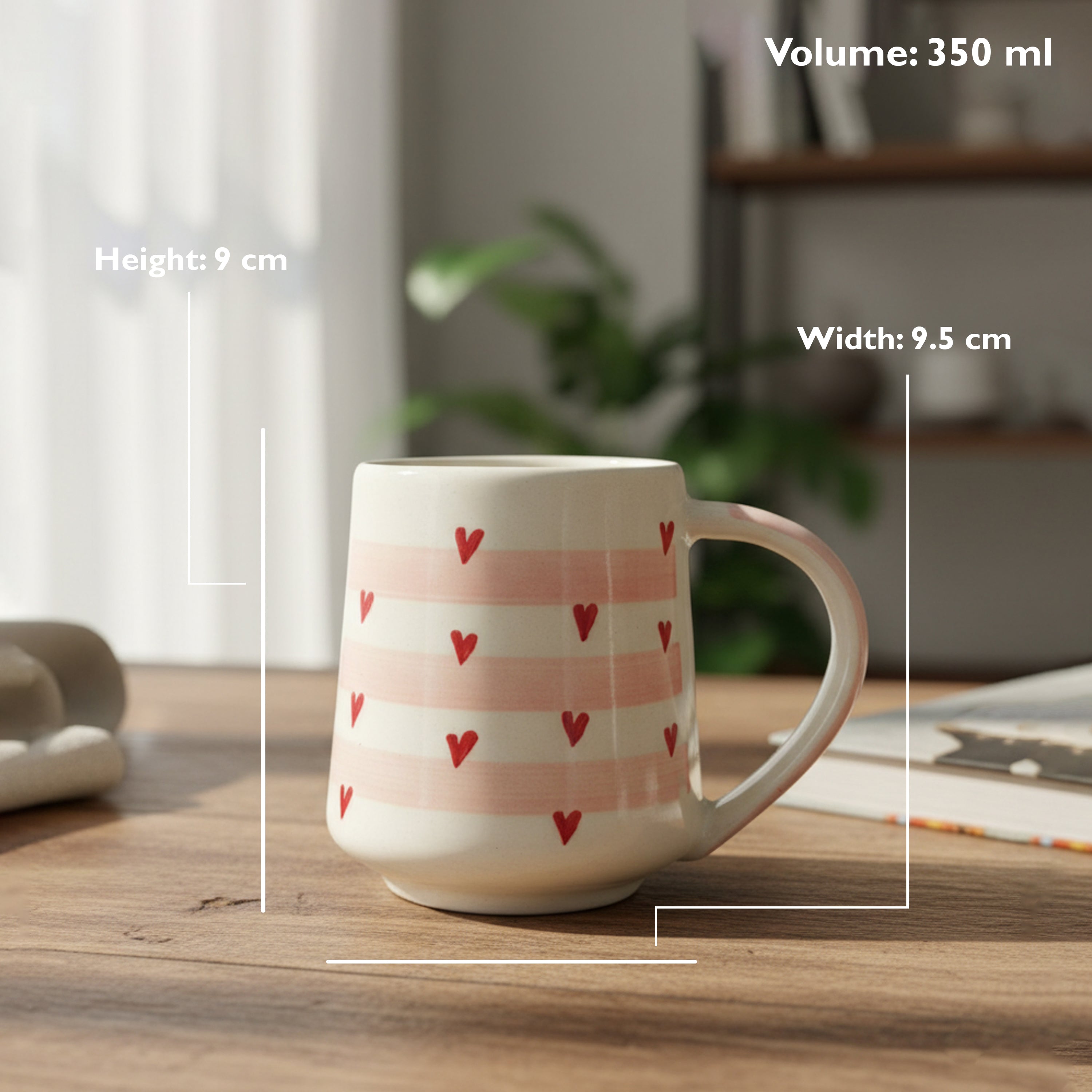 UK Handicraft Ceramic Mug Set of 2 – 350ml Red Hearts and Horizontal Design Handcrafted Cups | Premium Coffee and Tea Mugs for Home, Office & Kitchen Décor